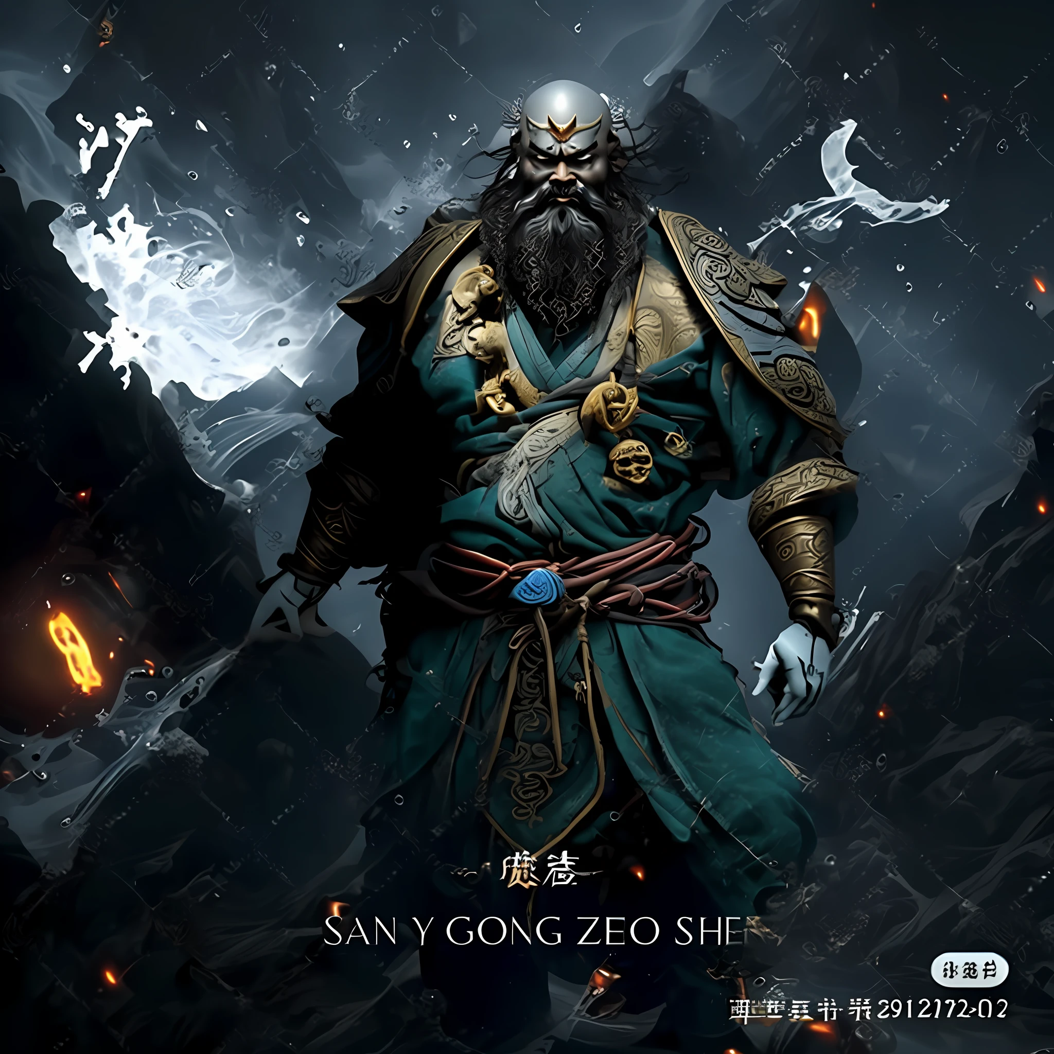 Sand monk, a close-up of a bald Chinese man with a skull on his chest, Chinese man, hideous face, Guan Yu, water waves on the soles of his feet, sand monk, roller shutter general, immortal, big waist round, holding a weapon Zen staff, behind the water waves, the skin of the character is gray, the neck hangs a skeleton necklace, master works, ultra-clear picture quality, normal hands, mustache on both sides of the lips
