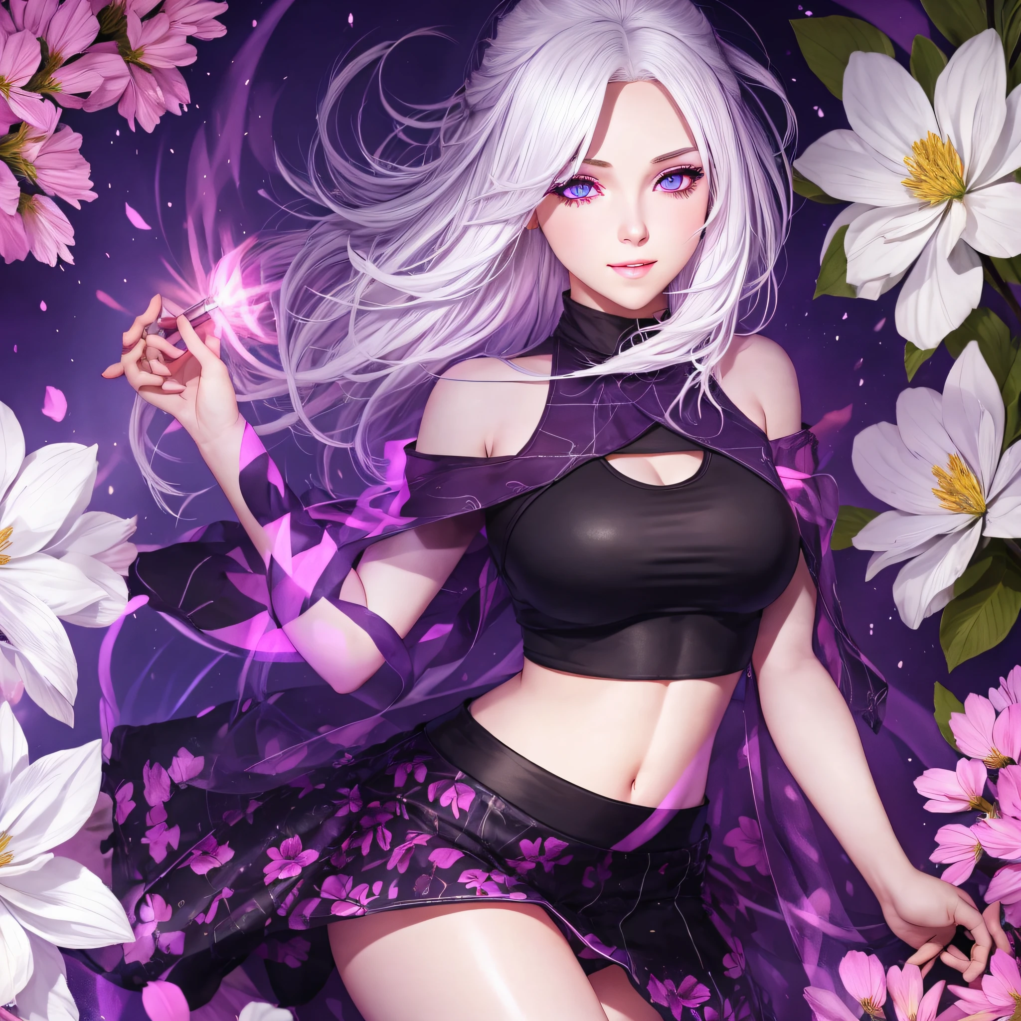 realistic, 1girl, white hair, purple eyes, glowing eyes, crop top, skirt, parted lips, blush, night, flowers, sun, sunlight, --auto --s2