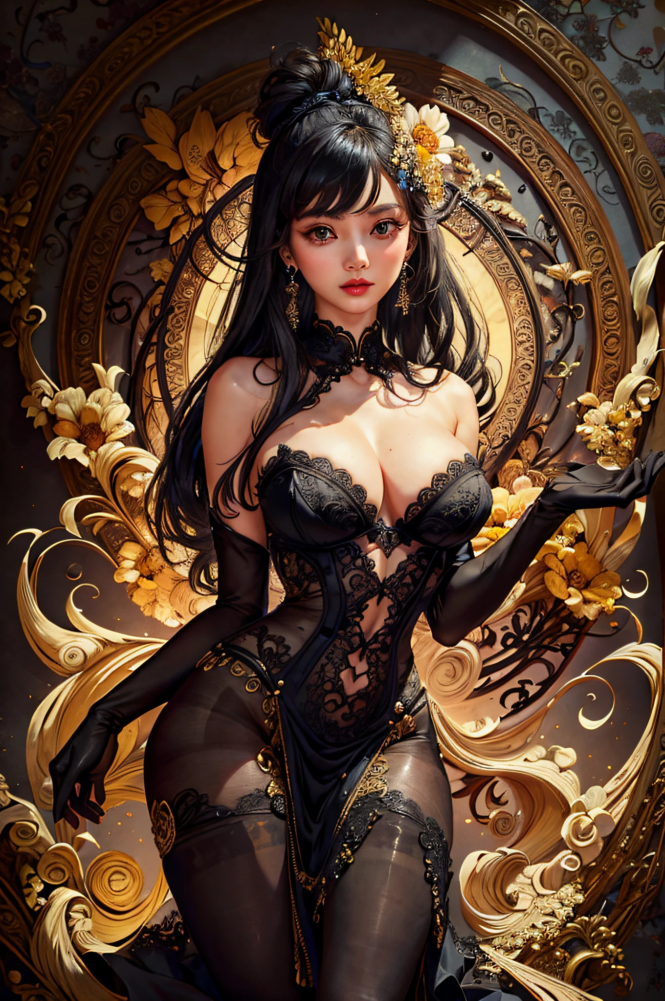 (Masterpiece, Top Quality, Best Quality, Beauty and Aesthetics: 1.2), (1girl: 1.3), Very Detailed, (Fractal Art: 1.1), (Color: 1.1) (Flowers: 1.3), Most Detailed, (Zentangle: 1.2), (Dynamic Pose), (Abstract Background: 1.3), (Chinese Dress: 1.2), (Shiny Skin), (many colors:1.4), ,(earrings:1.4), 16k, award-winning photos, extremely detailed, amazing, fine details, ridiculous, 20 years old, sexy theme, high detail, extremely detailed eyes and face, glare eyes, ((((black pantyhose)))), good hips and long legs, beautiful face, perfect face shape, perfect body, oversize model, mature woman, (((high and long legs))), (((very large breasts))), Perfect for wearing tight, simple clothes, high heels, photography 4 Kodak Portra 400 camera F1. 6 colorful lenses, ultra-realistic textures, dramatic lighting IrrealEngine ArtStation Cinestill 800 Tungsten Lamp on the trend, (((full body))), there is a woman sitting in a chair in the room, Masterpiece: 1.2, Best Quality, Ultra High Resolution, Realistic, Ultra-Realistic Detail, Clear Focus, (Real Pictures, Fine Production, Depth of Field), Solo, Beautiful Girl, Masterpiece: 1.2, best quality, masterpiece, ultra-high resolution, realism, ultra-realistic detail, clear focus, (real picture, meticulously crafted, depth of field), solo, beautiful girl, masterpiece:1.2, best quality), (close-up, real picture, meticulously crafted, depth of field), solo, [Xu Ruizhi: Pei Zhuyan; Ashiraya 0.4] sparkling eyes, perfect eyes, 20 years old, sexy theme, (((sexy lingerie))),high detail, perfect face shape, perfect body, oversize model, mature woman, (((tall long legs))), extra huge breasts, full body,