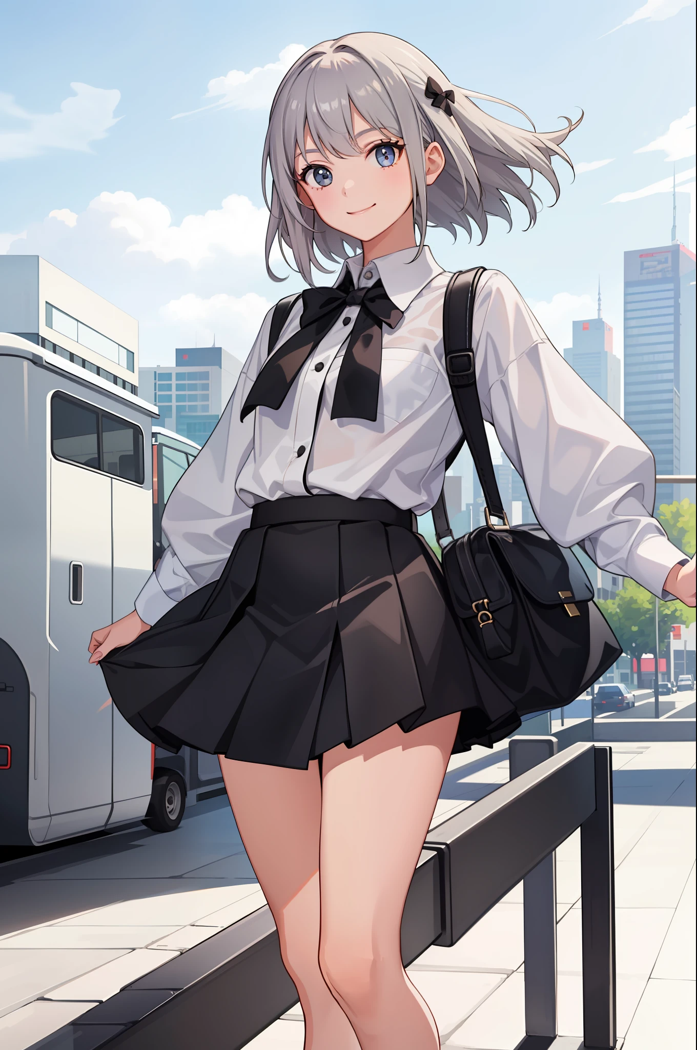 1 girl, smile, shirt, skirt, (small) chiralism,