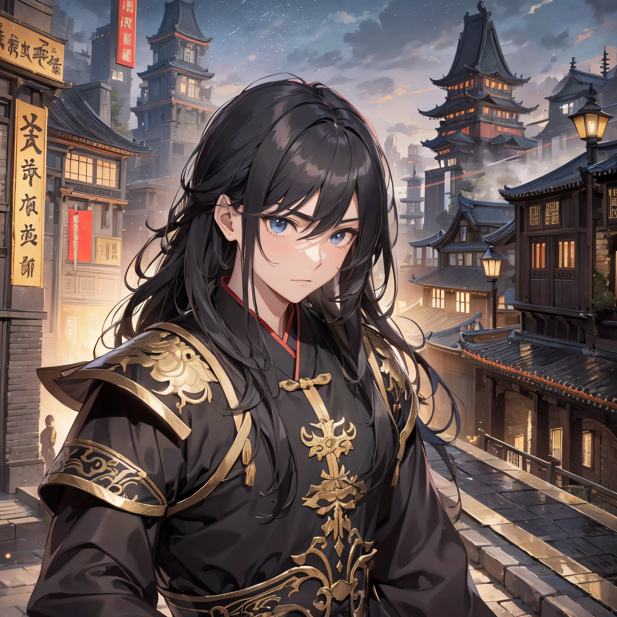 Absurd resolution, high resolution, (masterpiece: 1.4), hyperdetail, ancient China, night, standing on the city wall (1.2), black long-haired young man (1.3), wearing black cloth, serious and firm expression (1.5)