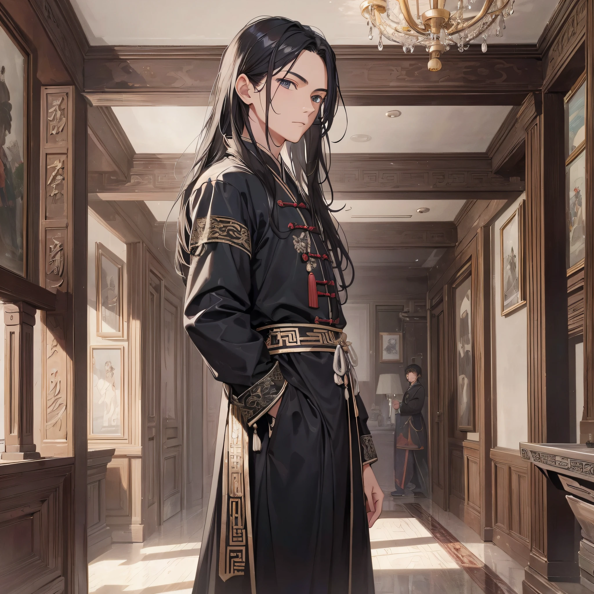 Absurd resolution, high resolution, (masterpiece: 1.4), hyper-detail, ancient China, night, standing in a mansion, black long-haired young man (1.3), wearing black cloth, serious and firm expression (1.5)