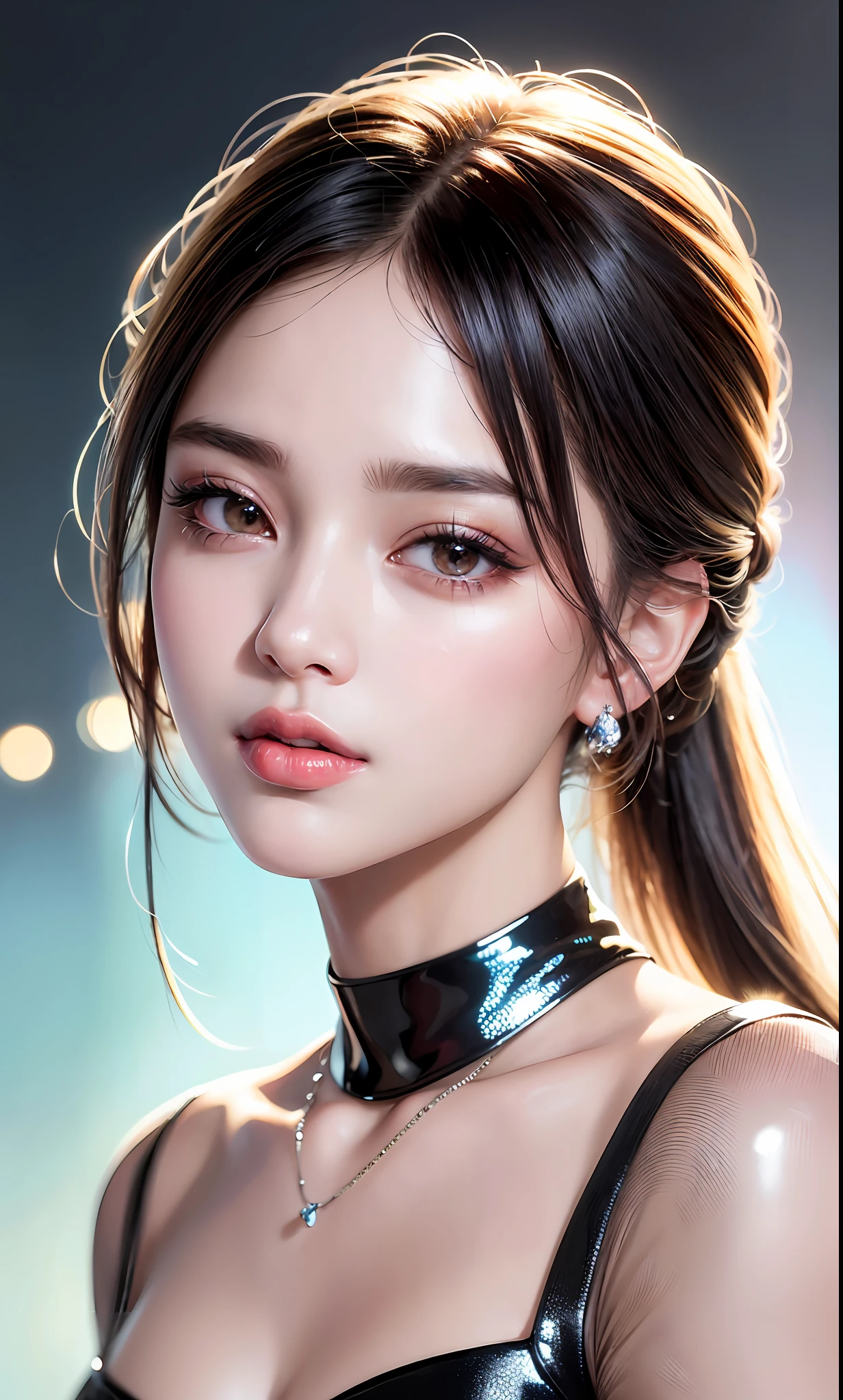 (8k, RAW photo, photorealistic: 1.25), (lip gloss, eyelashes, shiny face, shiny skin, best quality, ultra-high resolution, depth of field, chromatic aberration, caustics, wide range of lighting, Natural shading, Kpop idol) looking at the viewer with a calm and goddess-like happiness,