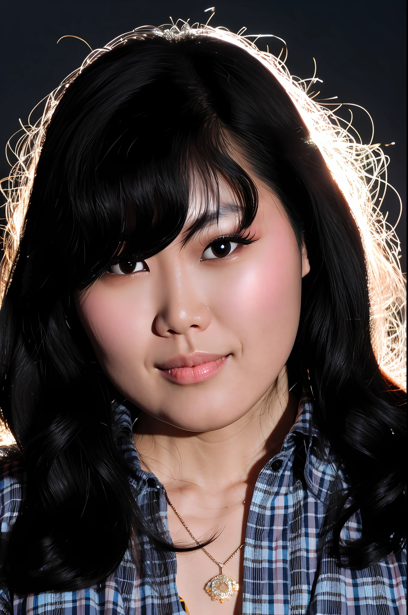 arafed woman with long black hair and a plaid shirt, full round face, south east asian with round face, with round cheeks, headshot, full round face!, headshot photo, closeup headshot, face shot, hana yata, joy ang, photo 2 0 1 0, mid shot portrait, gemma chen, taken with a pentax k1000