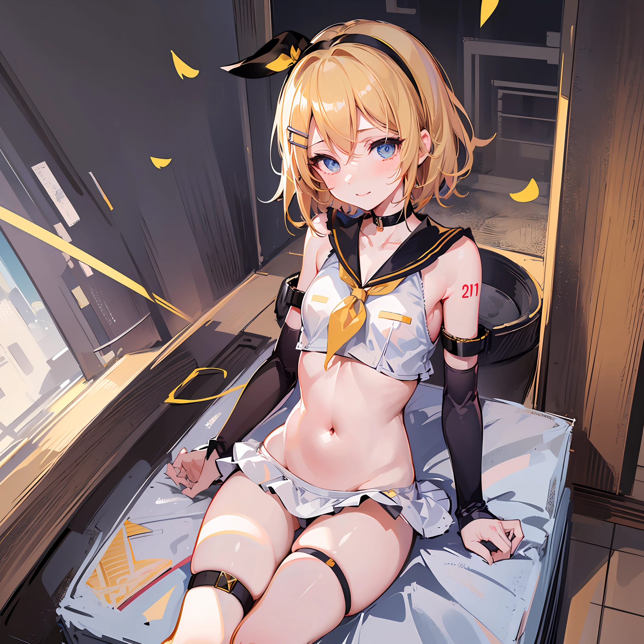 (masterpiece), (highest quality), (illustration), (super detailed), (high resolution), absurdity, one girl, (Kagamine_Rin), (Vocaloid), shoulders are cut off, short hair, hair clip, blush, (blonde), very cute girl, small, young, delicate, attention to girl, night, rough outfit, cute, her, smile, blush, best moment, sailor suit, Black skirt, yellow neckerchief, blue eyes, bright eyes, lively eyes, cute, lying in bed, thighs, heart mark in background, pampering, love love, love viewer, neat, bare legs, estrus, nsfw, sexy, undressing, seductive, navel, cleavage, high exposure, upper eyes, R-18