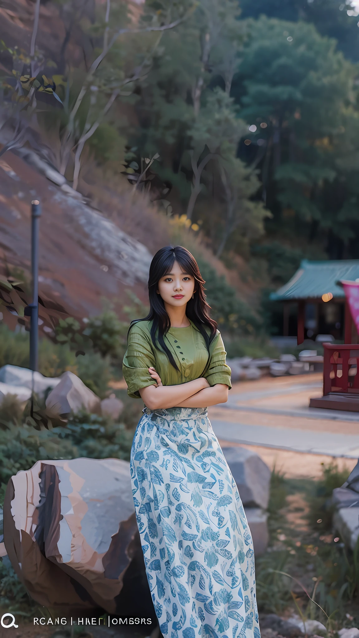 korean woman standing in front of a rock with a green shirt, nivanh chanthara, a young asian woman, taken with canon eos 5 d mark iv, young asian woman, taken with canon 5d mk4, portait image, photo of young woman, mid shot portrait, 7 0 mm portrait, young asian girl, 60mm portrait