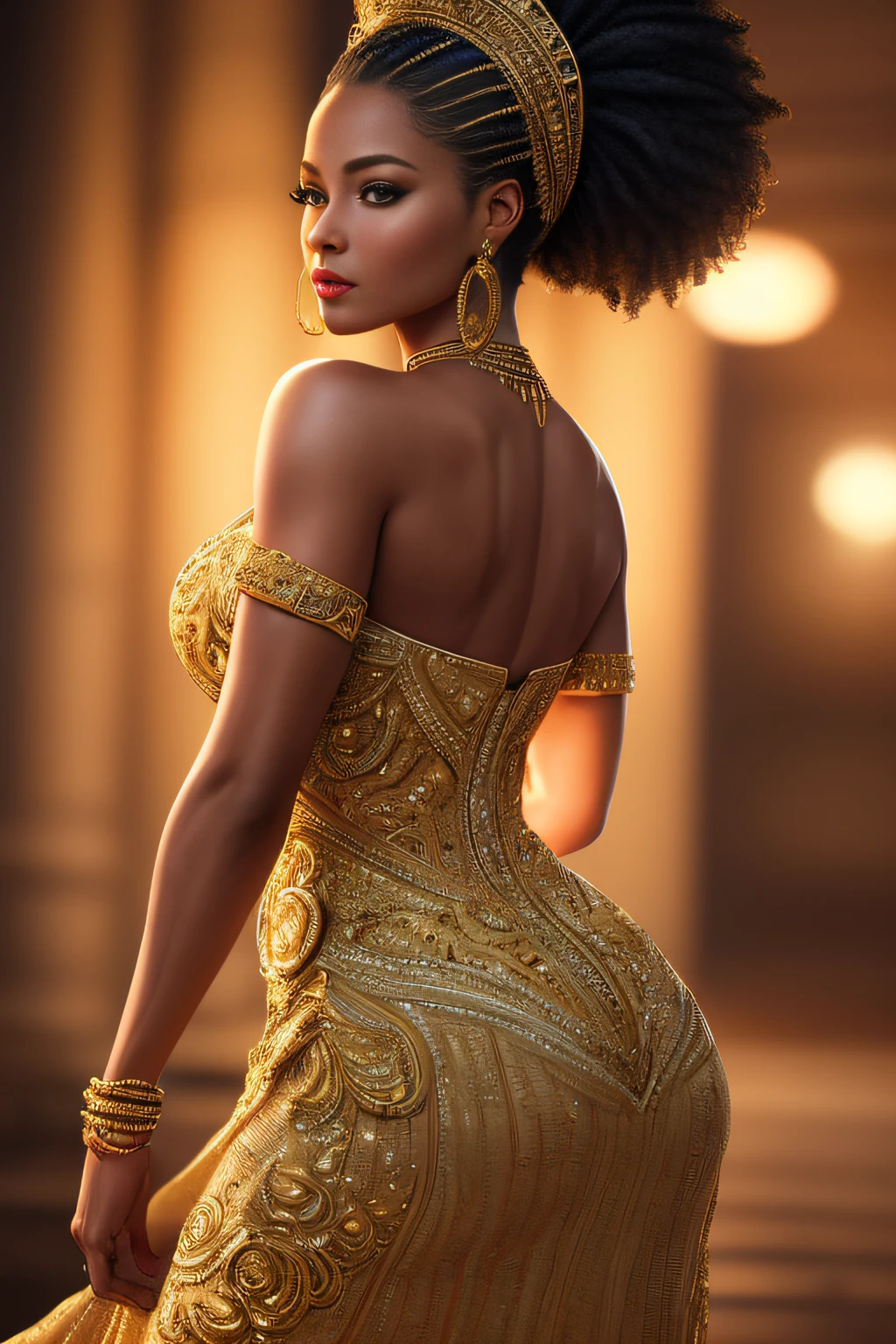 ((Masterpiece)), ((Best Quality)), (Very Detailed)), (Very Detailed)), 4K, (8K), Perfect Anatomy, Photo from Back, Tempered Ass, Portrait Photo of African-American Supermodel, Solo, (Dress of Intricate Workmanship:1.3), Meticulously Rendered Face, Beautiful Eyes, Feminine Physique, Goddess of Beauty, Unreal Engine , octane rendering, movie lighting,