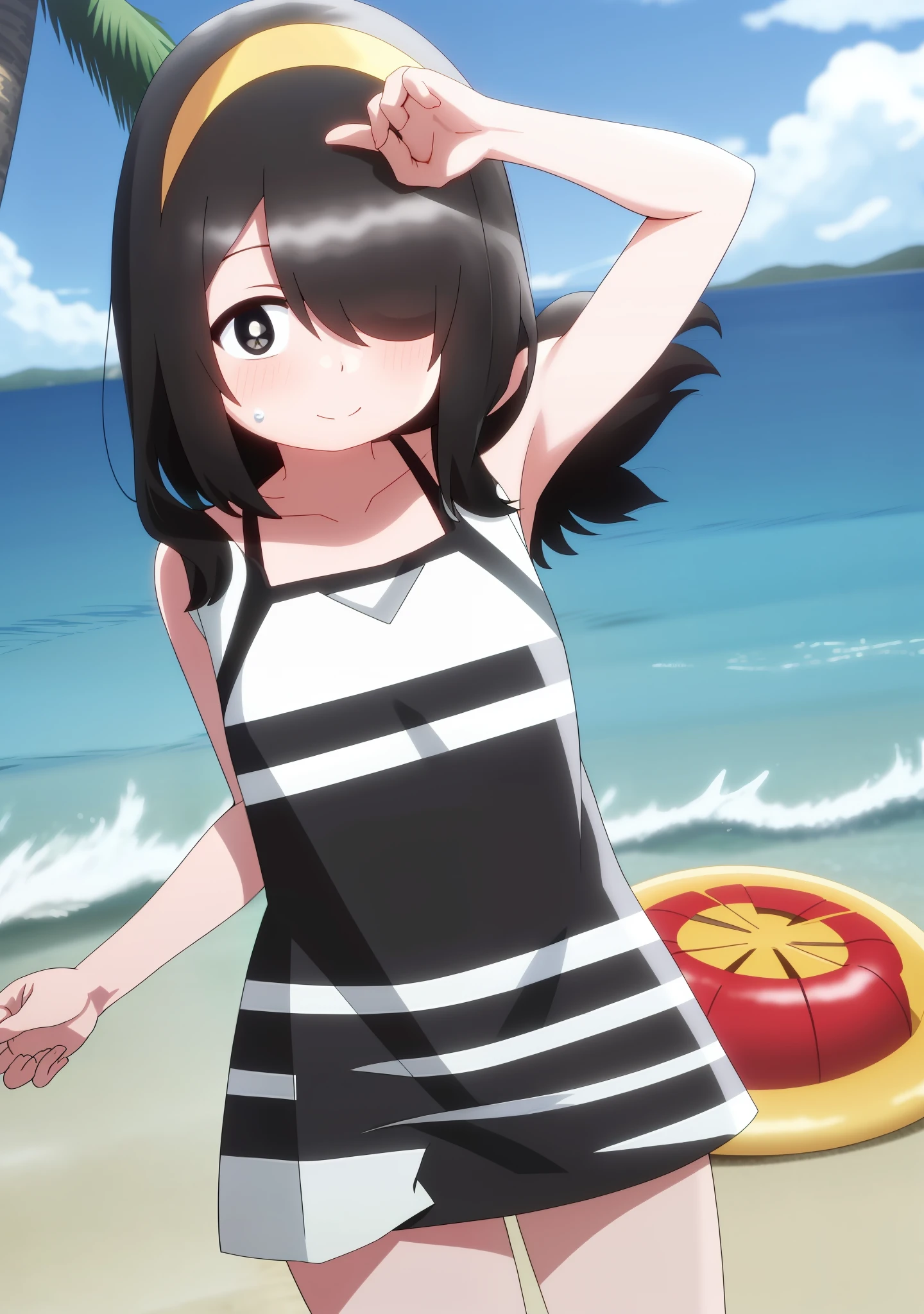 Nishimura akane, age up, mature, adult age,
((1girl)), ((solo)), long hair, black hair, black eyes, hand on chest, large breast, white pupils, smile, sand, beach, sea, sky, cloud, ((swimsut)), looking at viewer, hair between eyes, cowboy shot)), facing viewer, yellow hairband, hair cover one eye, 1:5, shy, blush, cute pose, palm tree,