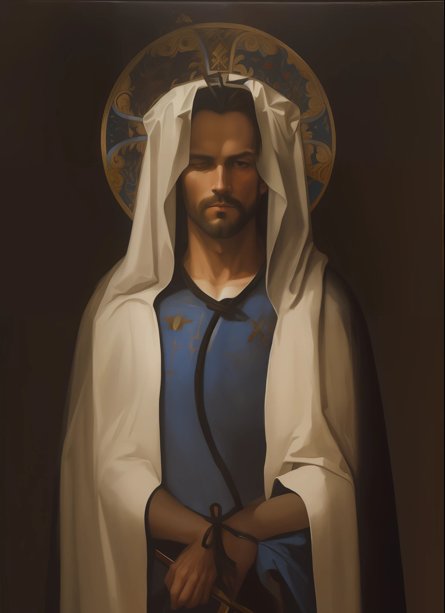 painting of a man with a white robe and a cross on his chest, inspired by Rogier van der Weyden, late gothic religious paintings, inspired by Hans Memling, by Hans Memling, alter, inspired by Petrus Christus, inspired by Geertgen tot Sint Jans, by Rogier van der Weyden, by Cimabue --auto --s2