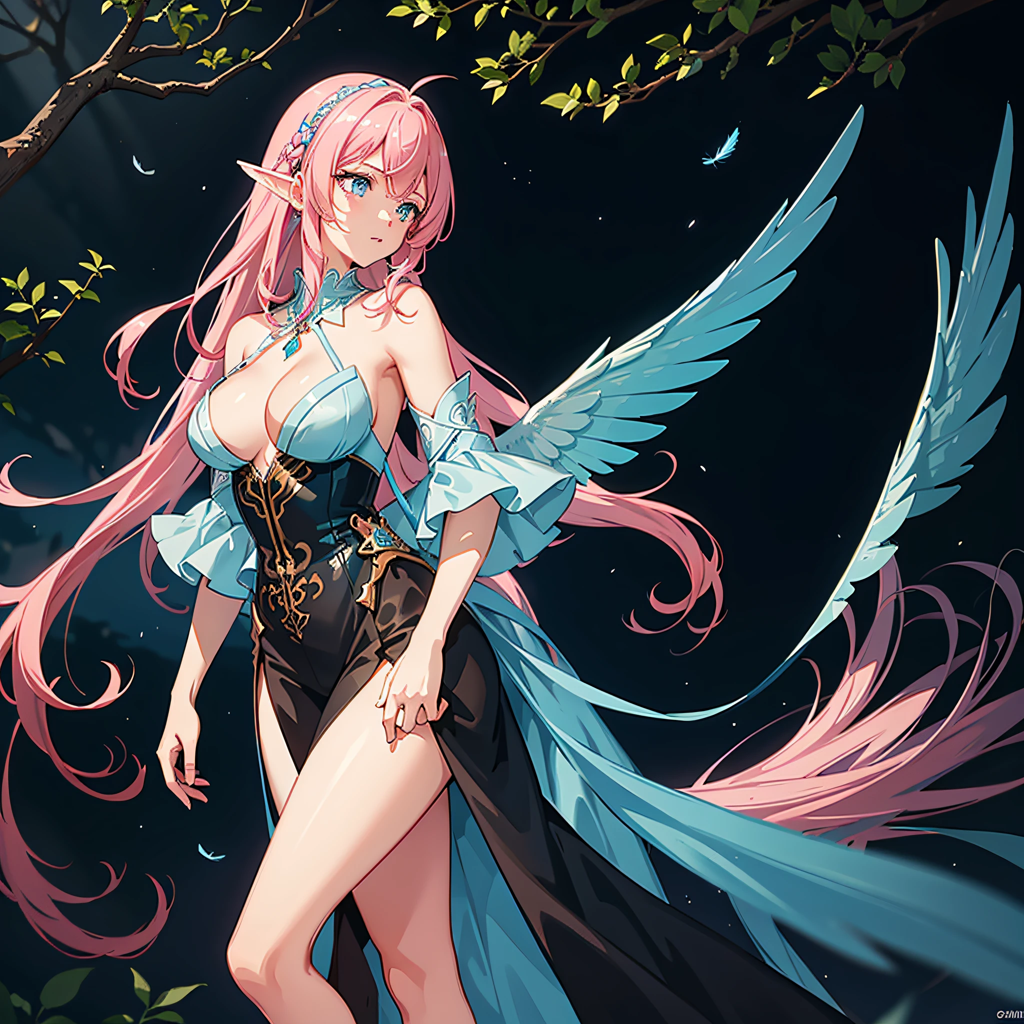 a highly detailed full body portrait of a short faerie with ice blue eyes and wavy blue and pink hair and gossamer wings wearing a sparkling red and black two-piece organic outfit made of feathers in a wooded forest at night with fireflies lit up all around, full body view, intricate, exuberant, radiant energy, light colorful glow, highly detailed, anime and manga style, concept art, smooth, sharp focus, 8k