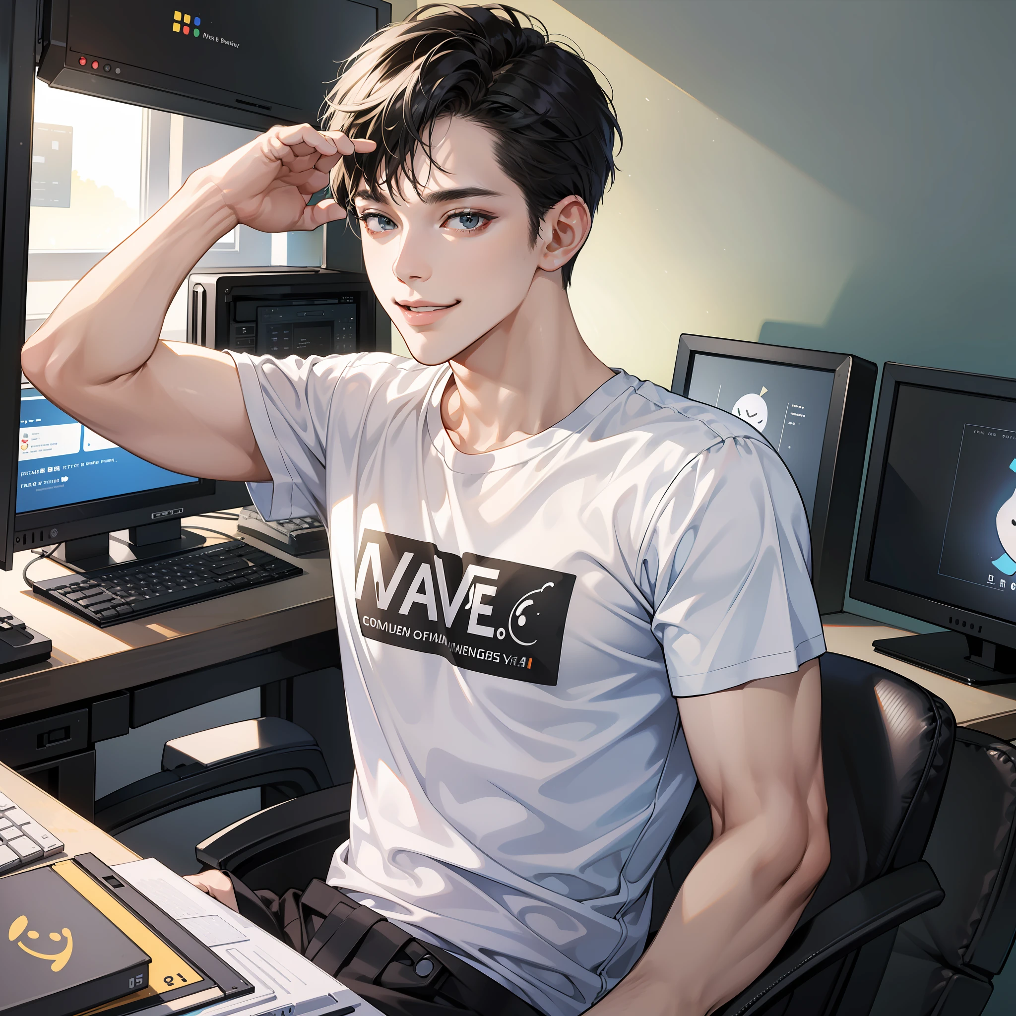 Masterpiece, high quality, best quality, HD, realistic, perfect lighting, detailed face, detailed body, 1 man, short black hair, white t-shirt, (smile emoji: 1.5) (happy face: 1.5), wave goodbye, sit, look at the computer monitor, in the room