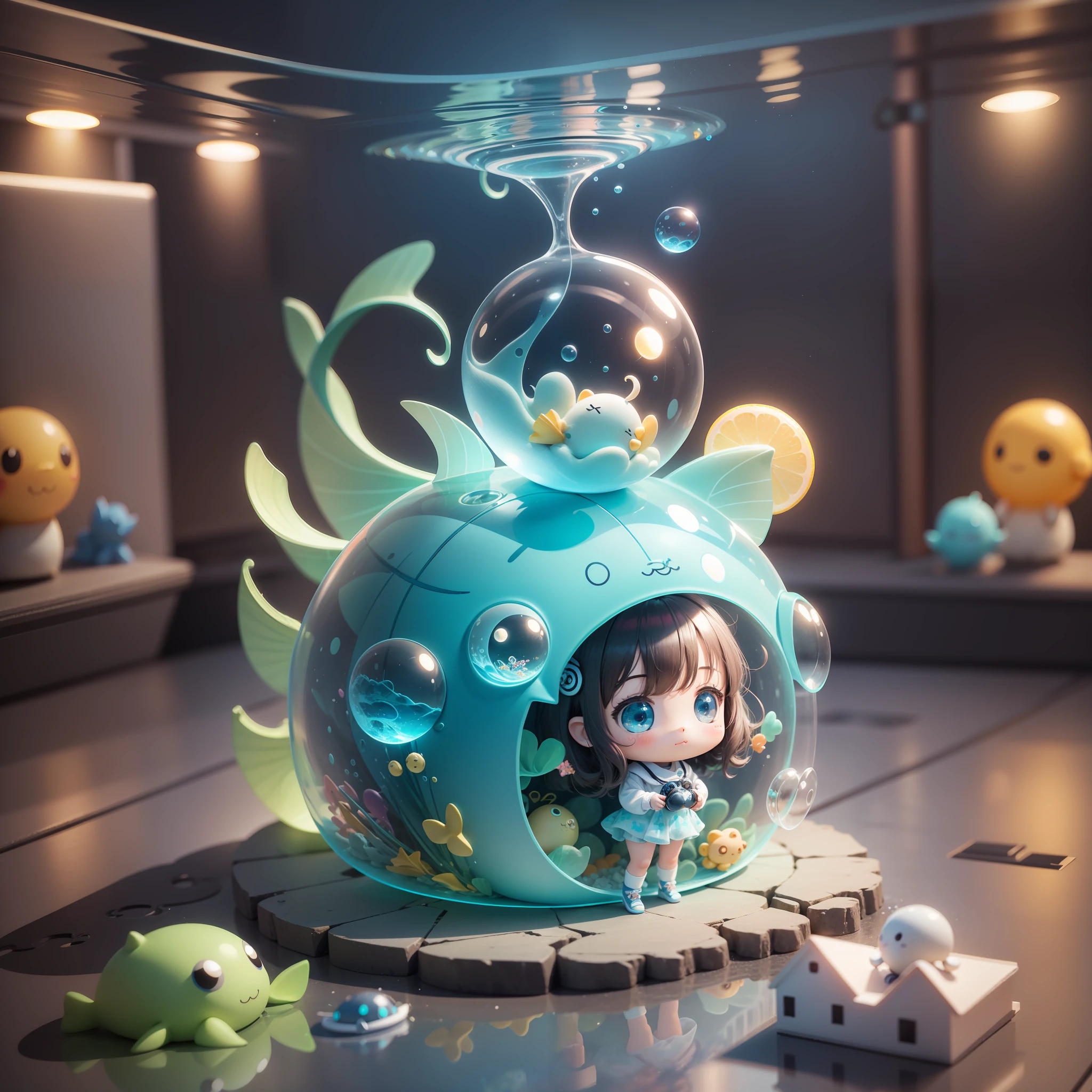 Sea life in huge fiberglass, full body 3d drawing, 1 cute, happy, c4d, pop matt blind box, glowing bubbles, toys, solid color background, chibi, fluorescent translucency, luminescence, kawaii, reference table, pop mart blind box, pixar, complex details, 3d rendering, blender, oc renderer, fol body reference sheet, dribble, high details, 8k, studio lighting, loli, petite, child, chibi, standard definition characters: 1.1, magic space warehouse background