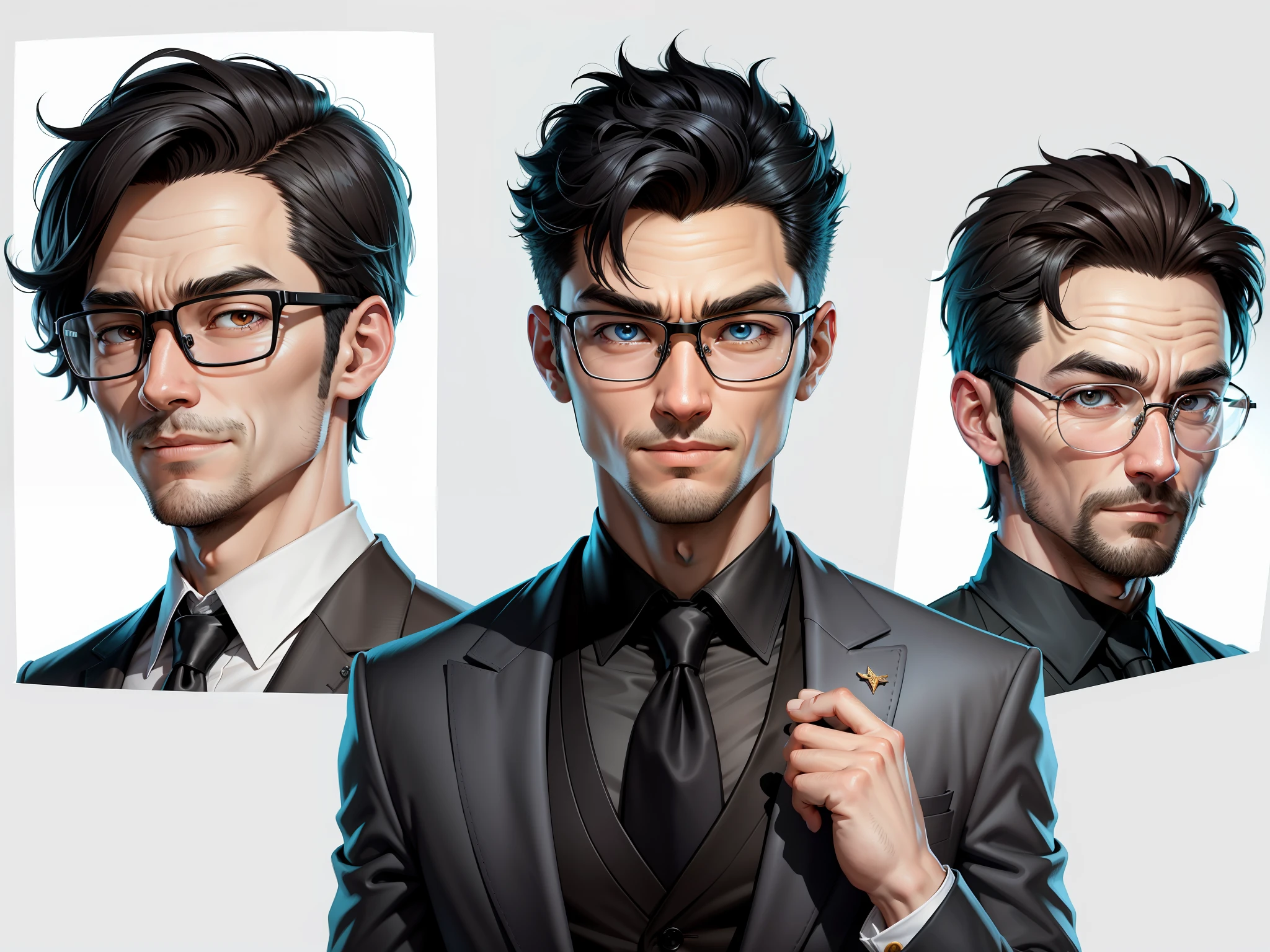 Super young man 30 years old，Silver glasses，The face is slightly fat，The face is very clean，No whiskers，Black super short hair，Black eyes，black suit，Blue tie，Smile confidently，digtial painting，the movie，3D character design by Mark Clairdon and Pixar and Hayao Miyazaki，The illustration is a high-definition illustration in 4K resolution，With very detailed facial features and cartoon-style visuals。