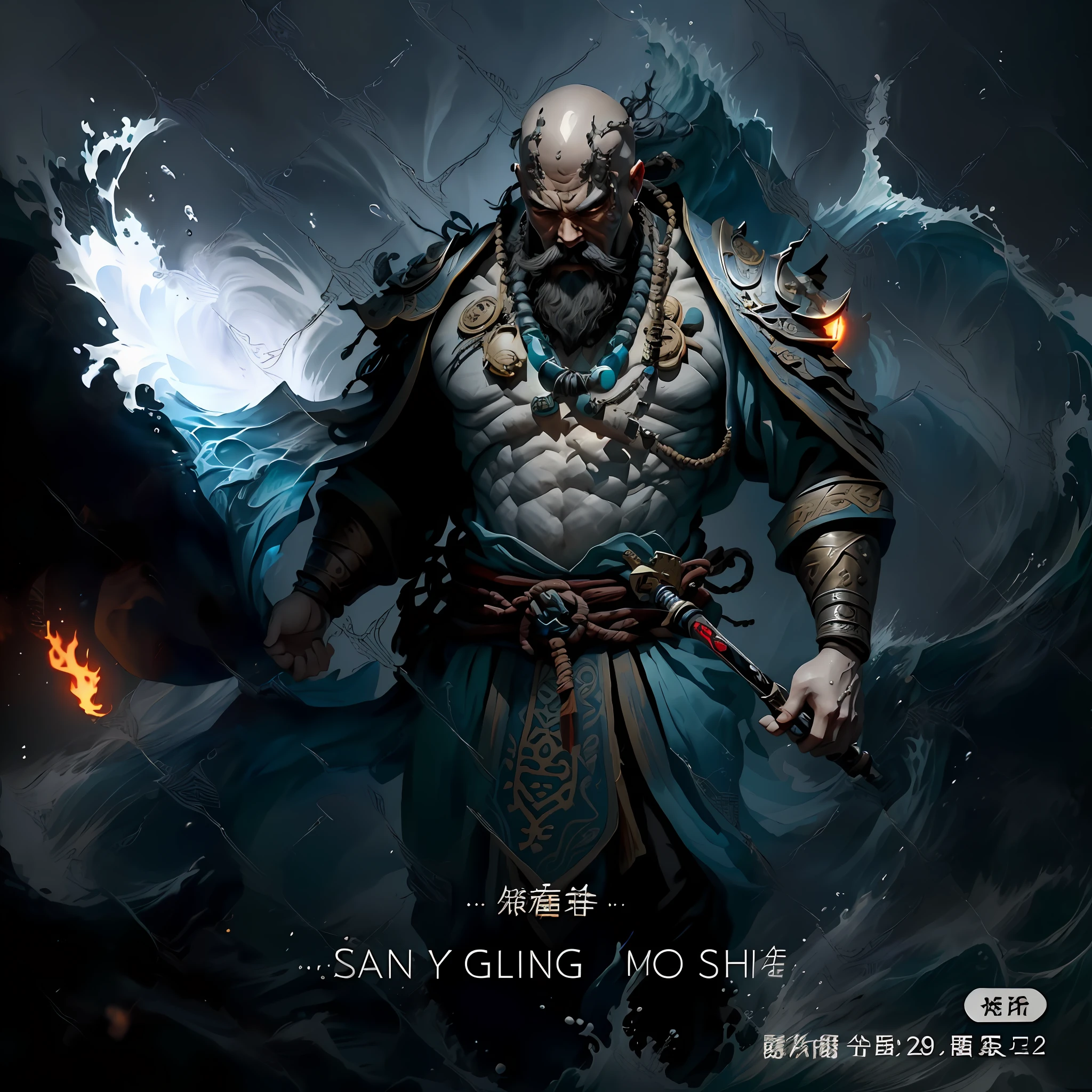 Sand monk, a close-up of a bald Chinese man with a skull on his chest, Chinese man, hideous face, Guan Yu, water waves on the soles of his feet, sand monk, roller shutter general, immortal, big waist round, holding a weapon Zen staff, behind the water waves, the skin of the character is gray, the neck hangs a skeleton necklace, master works, ultra-clear picture quality, normal hands, mustache on both sides of the lips