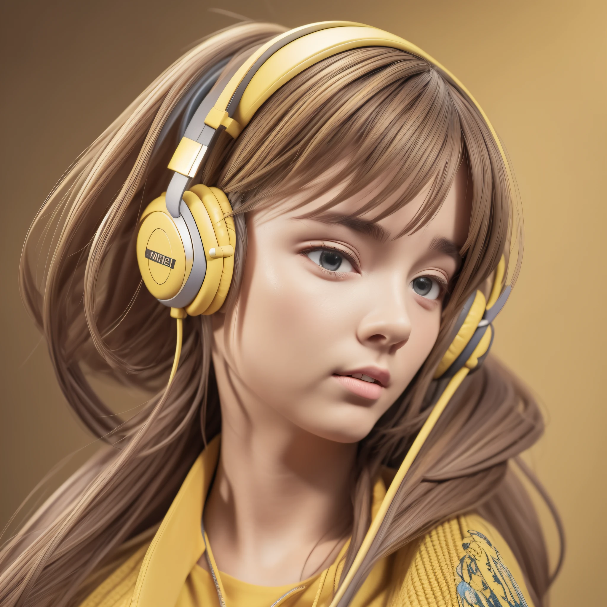 Girl in yellow jacket listening to music with her golden headphones artstation, watercolor digital art, award-winning, intricate, sharp, detailed, quality realism, 4k, hd, unreal engine 5, daz, a 12x (very) very colorful, cartoon