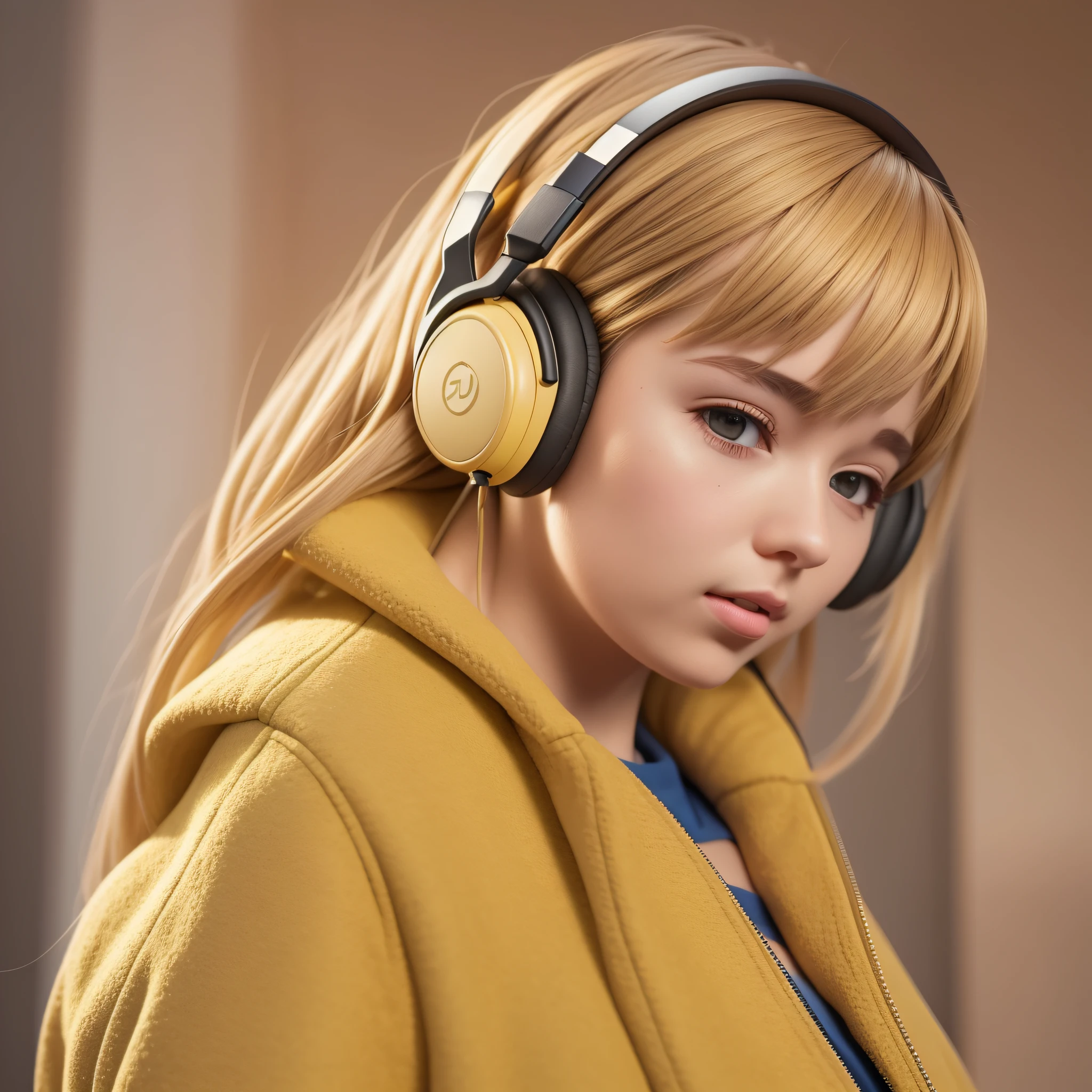 Girl in yellow jacket listening to music with her golden headphones artstation, watercolor digital art, award-winning, intricate, sharp, detailed, quality realism, 4k, hd, unreal engine 5, daz, a 12x (very) very colorful, cartoon