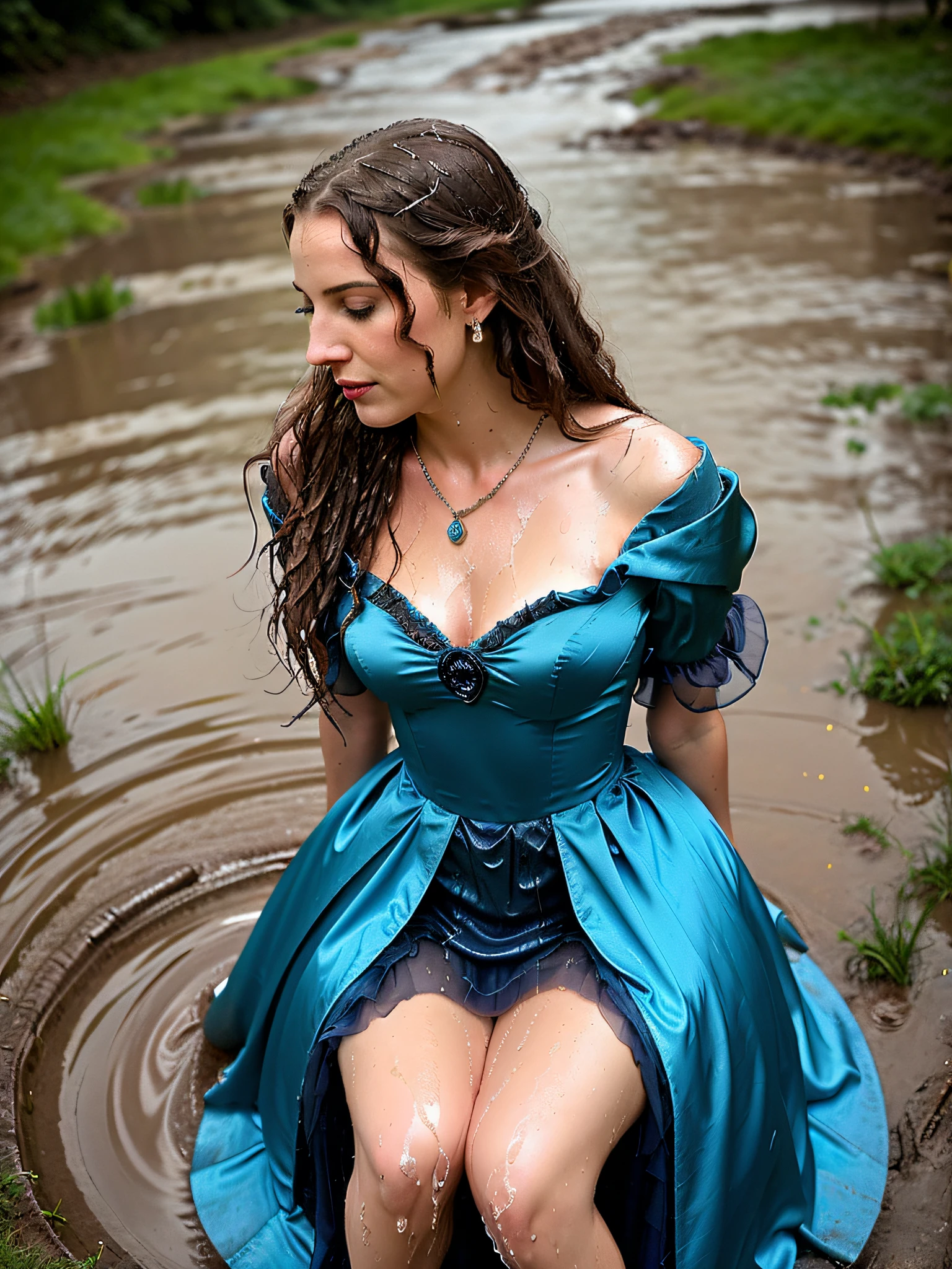 arafed princess in a blue satin ballgown and high heels sitting in a muddy puddle, girl wears a blue ballgown with a hoopskirt, long satin gloves, sapphire necklace, tiara, and earrings, wearing a flowing dress, beautiful maiden, flowing dress, flowing gown, beautiful fantasy maiden, fantasy photoshoot, wearing a blue ballgown, dressed in a beautiful, fantasy ballgown, fantasy beautiful, wearing a magnificent ballgown, wet hair (((drenched))) (((soaked))) (((disheveled))) (((clinging))) (covered in mud)