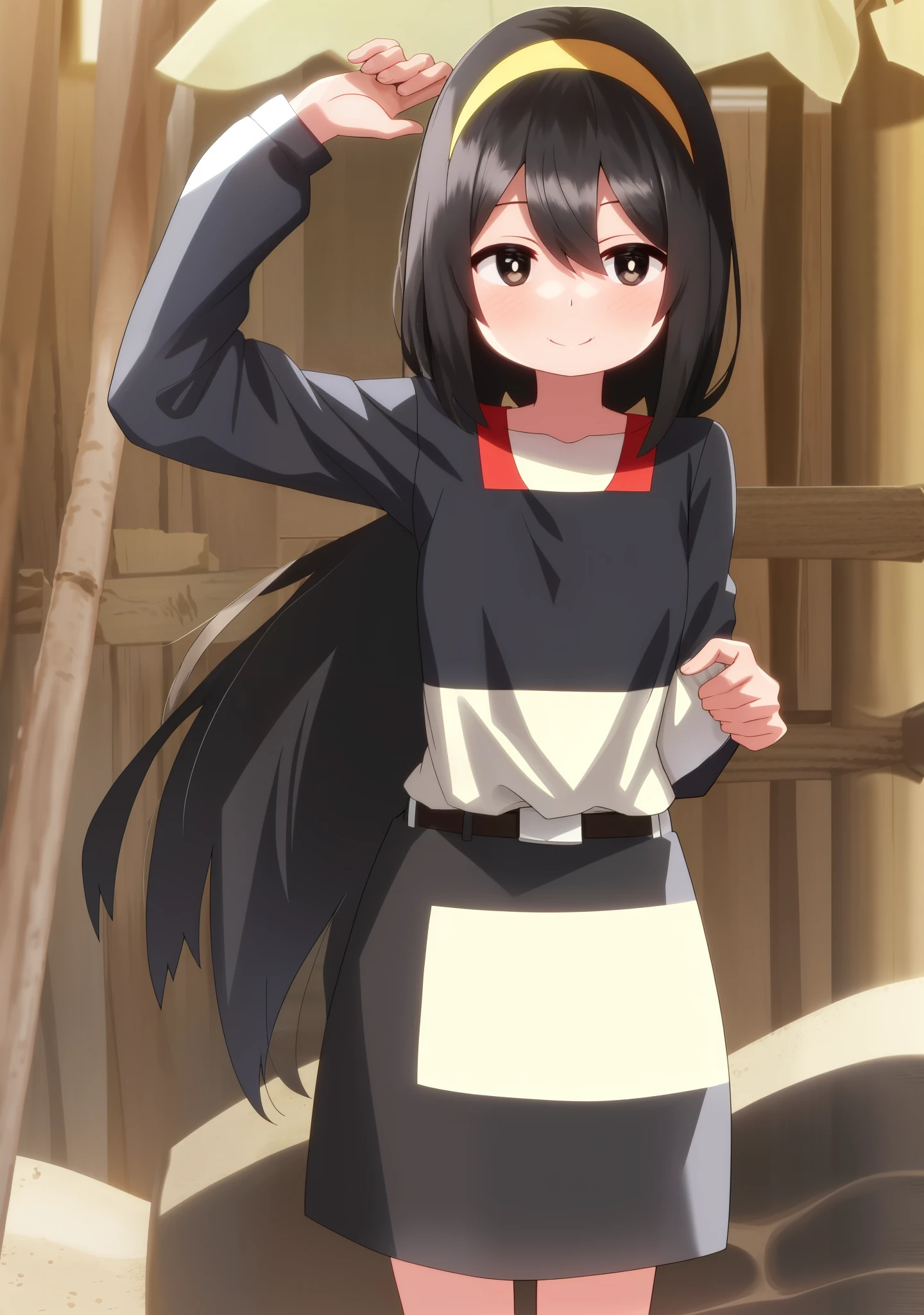 Nishimura akane, age up, mature, adult age,
((1girl)), ((solo)), long hair, black hair, black eyes, hand on chest, large breast, white pupils, smile, sand, beach, sea, sky, cloud, ((swimsut)), looking at viewer, hair between eyes, cowboy shot)), facing viewer, yellow hairband, hair cover one eye, 1:5, shy, blush, cute pose, palm tree,
