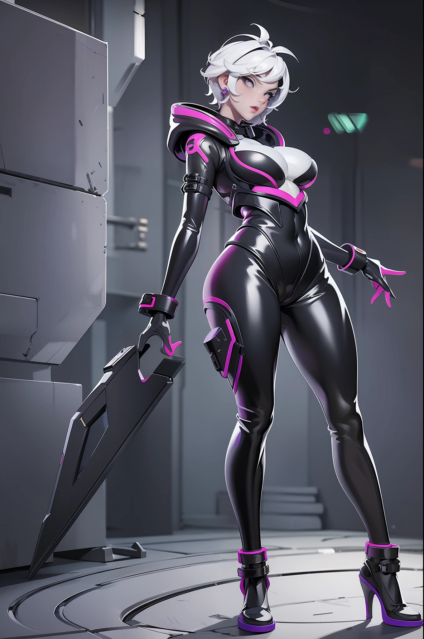 full body picture Unreal Engine 5 8K UHD of beautiful women, white short hair, wearing black tight futuristic latex catsuit, futuristic hoodie, latex collar, latex body harness and straps, arm and leg cuffs, latex glove, wearing purple glass, earring, lips piercing, bad girl, best quality, masterpiece, 8K UHD wallpaper
