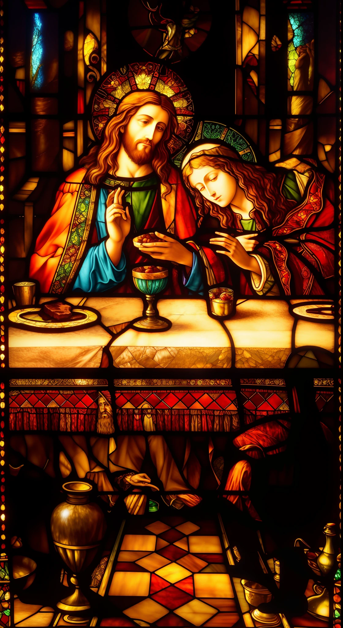 arafed stained glass of jesus and mary at the table, last supper, meat and blood stained glass, stained glass, stain glass, last supper composition, the last supper, maxim verehin stained glass, gothic stained glass style, called 'the last supper', stained glass window, stained glass art, intricate stained glass triptych, on a stained glass window --auto --s2