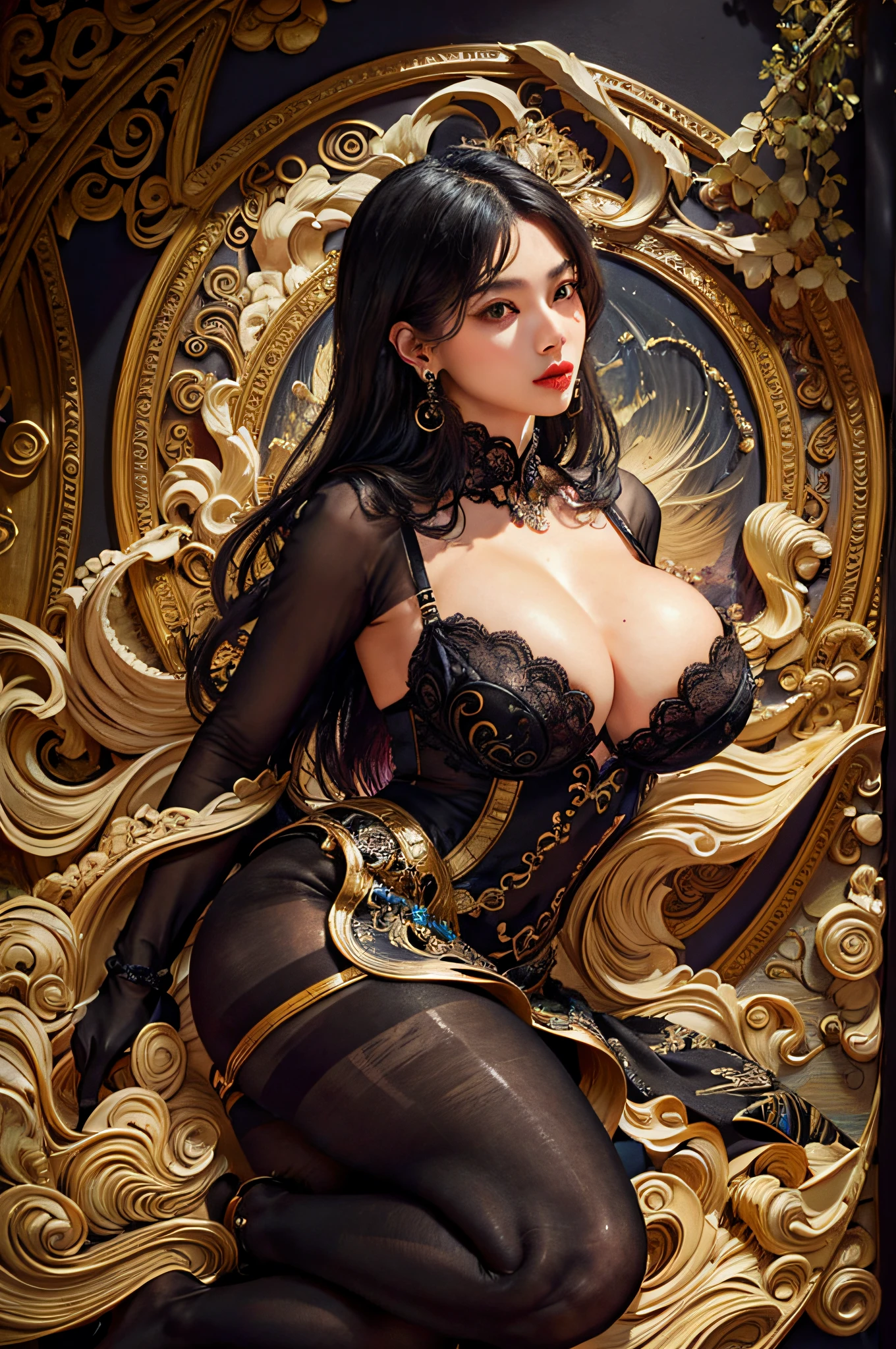 (Masterpiece, Top Quality, Best Quality, Beauty and Aesthetics: 1.2), (1girl: 1.3), Very Detailed, (Fractal Art: 1.1), (Color: 1.1) (Flowers: 1.3), Most Detailed, (Zentangle: 1.2), (Dynamic Pose), (Abstract Background: 1.3), (Chinese Dress: 1.2), (Shiny Skin), (many colors:1.4), ,(earrings:1.4), 16k, award-winning photos, extremely detailed, amazing, fine details, ridiculous, 20 years old, sexy theme, high detail, extremely detailed eyes and face, glare eyes, ((((black pantyhose)))), good hips and long legs, beautiful face, perfect face shape, perfect body, oversize model, mature woman, (((high and long legs))), (((very large breasts))), Perfect for wearing tight, simple clothes, high heels, photography 4 Kodak Portra 400 camera F1. 6 colorful lenses, ultra-realistic textures, dramatic lighting IrrealEngine ArtStation Cinestill 800 Tungsten Lamp on the trend, (((full body))), there is a woman sitting in a chair in the room, Masterpiece: 1.2, Best Quality, Ultra High Resolution, Realistic, Ultra-Realistic Detail, Clear Focus, (Real Pictures, Fine Production, Depth of Field), Solo, Beautiful Girl, Masterpiece: 1.2, best quality, masterpiece, ultra-high resolution, realism, ultra-realistic detail, clear focus, (real picture, meticulously crafted, depth of field), solo, beautiful girl, masterpiece:1.2, best quality), (close-up, real picture, meticulously crafted, depth of field), solo, [Xu Ruizhi: Pei Zhuyan; Ashiraya 0.4] sparkling eyes, perfect eyes, 20 years old, sexy theme, (((sexy lingerie))),high detail, perfect face shape, perfect body, oversize model, mature woman, (((tall long legs))), extra huge breasts, full body,