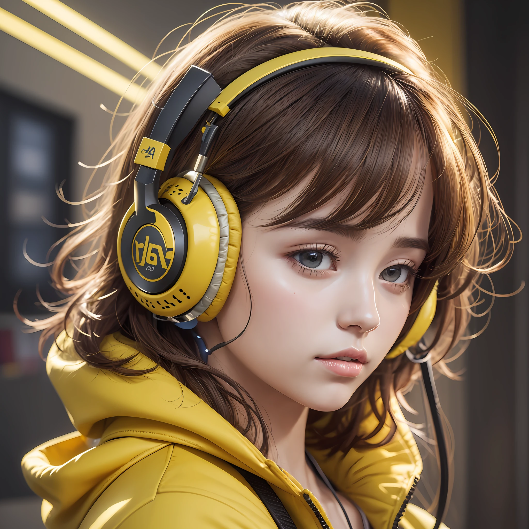 girl in yellow jacket listening to music with her gold artstation headphones, digital art watercolor, award winning, intricate, sharp, detailed, quality realism, 4k, hd, unreal engine 5, daz, a (very) very colorful 12x, cartoon --auto --s2