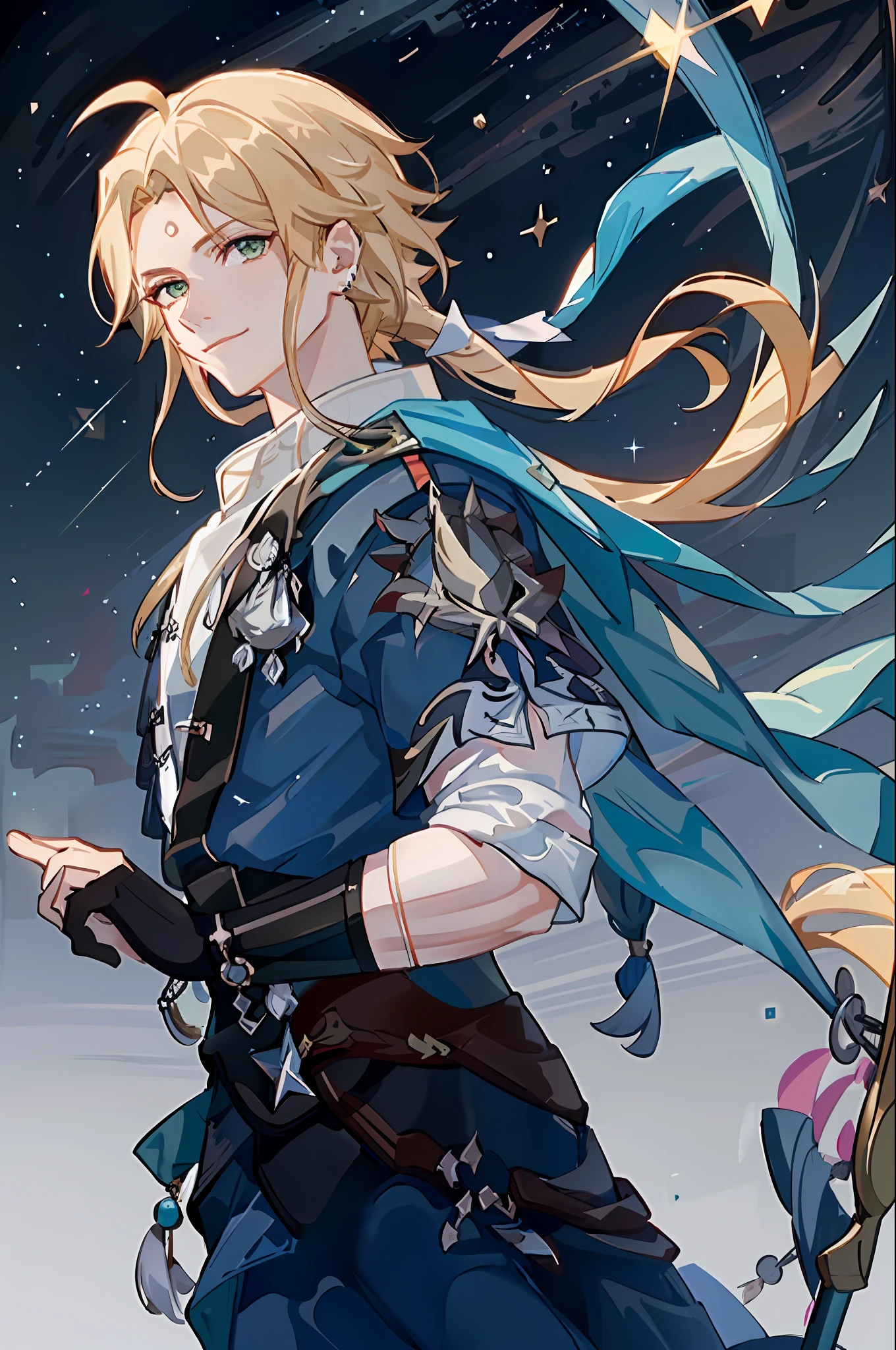 ((Very detailed CG Unity 8k wallpaper, masterpiece, best quality, super detail, beautiful detail eyes: 1.2), cinematic lighting, 1 man, solo, rakshasa\ (Honkai: Star track\), blonde, long straight hair, green eyes, gentle expression, squinting eyes, white aristocratic clothes, dynamic angle, floating, fine, (glitter: 1.2), (shining: 1.2), (shining: 1.2), classic, (painting: 1.1), (sketch: 1.1), (best quality), ( masterpiece:1.2), (anime style), (solo), beautiful delicate face, blonde hair, (long hair: 1.2), (flowing hair: 1.2), detail, (flash: 1.2), (glow: 1.2), (dazzling: 1.2)