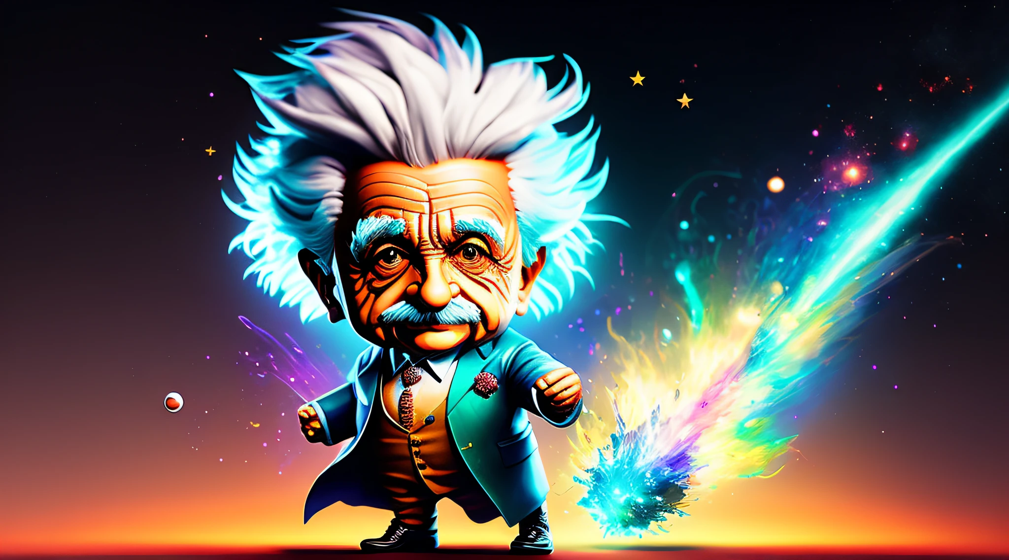 (dreamlikeart:1.2),splash art portrait painting (chibi albert einstein:1.3), splashart, superhero , powerful attack, dynamic pose, dynamic angle,movement, colorful highly detaild of universe of background, quantum fracture, science concept,nerd vibes, 1900's vibes, antique clothing , elegant suits, (image divided ino two with left side of universe style and righ side of chem labs style:1.3)