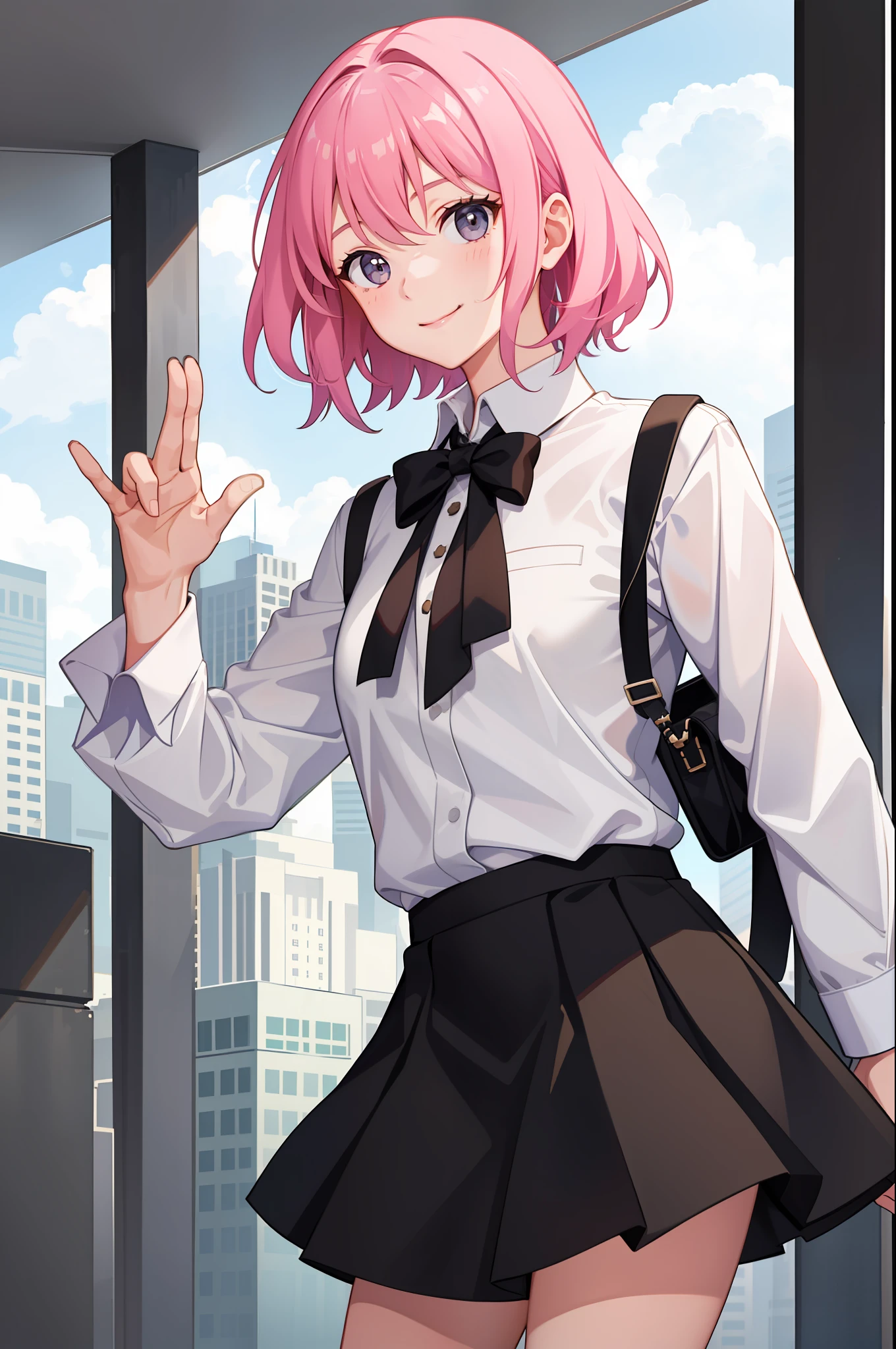 1 girl, smile, shirt, skirt, (small) chiralism,