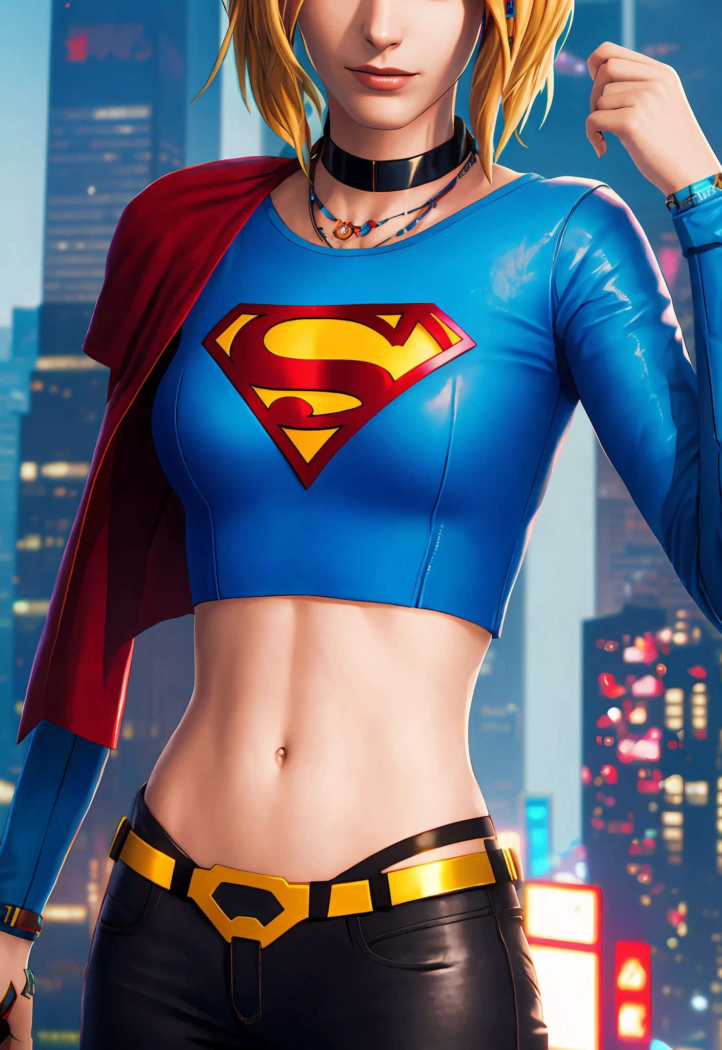 Cyberpunk supergirl, slim waist, ultra-detailed, masterpiece, high quality, cyberpunk city background, chloeprice, blonde hair, blue eyes, beanie, choker, tattos, superman s on chest