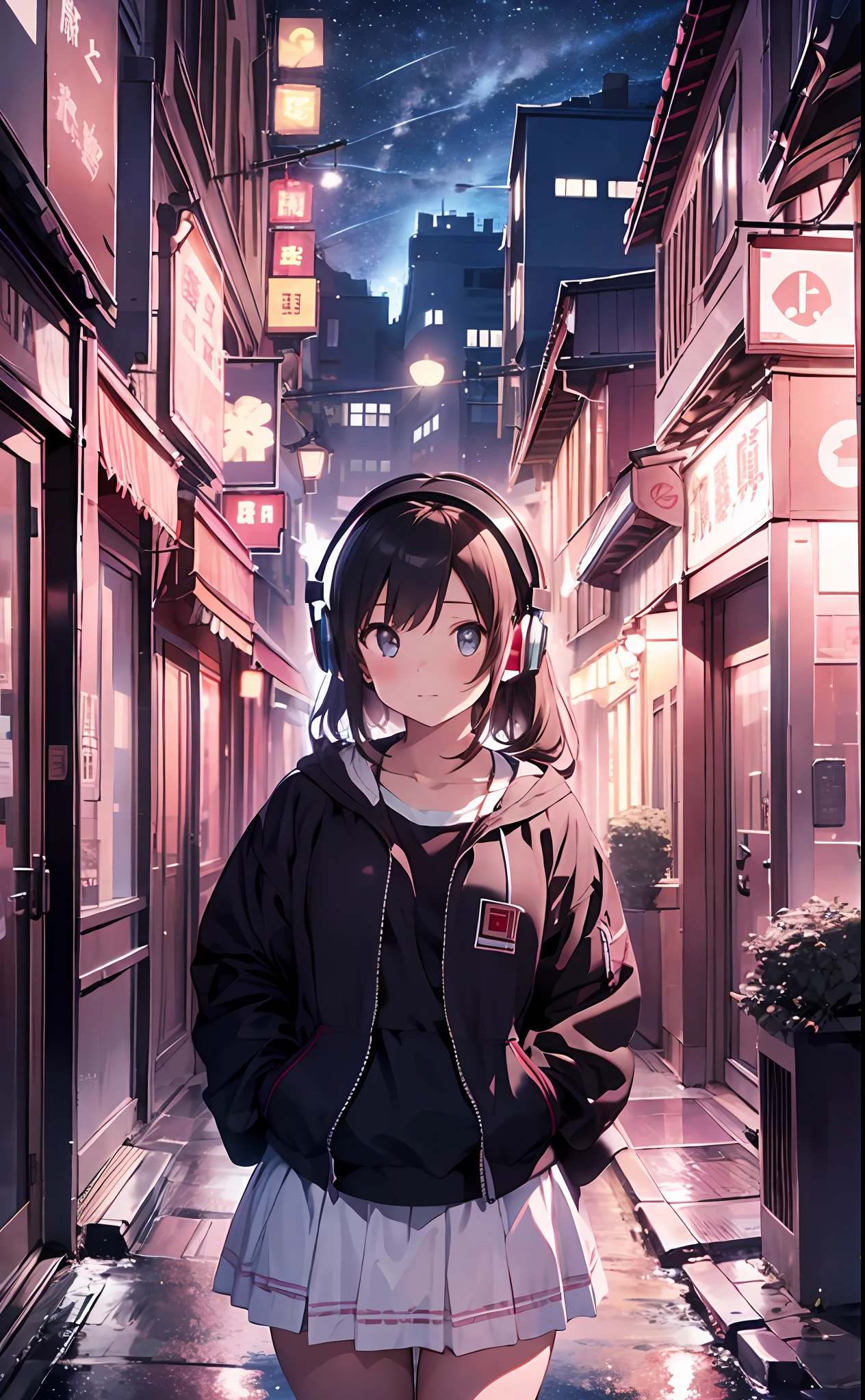 【Excellent, Best Quality】1 girl, lofi, chill, night, light, headphones