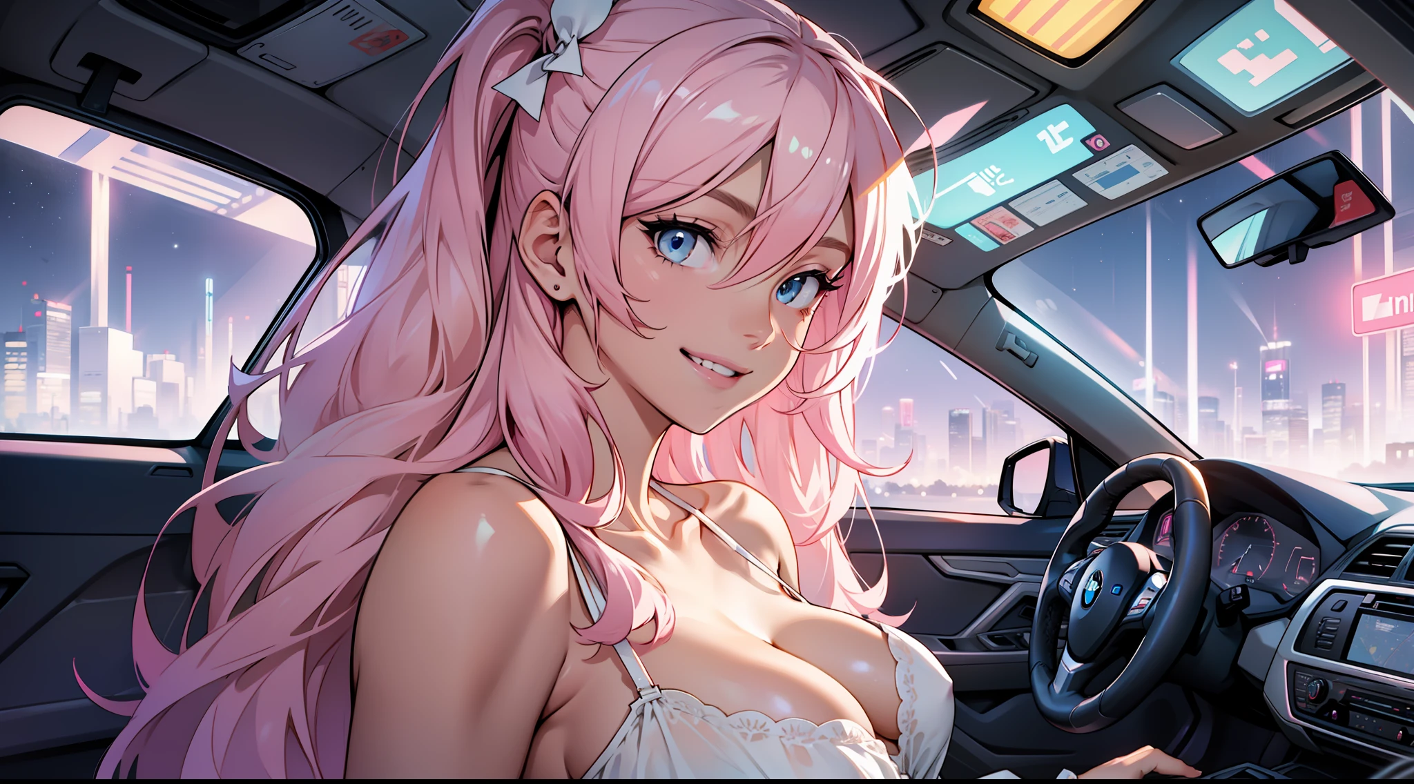 A girl, long pink hair, white slip dress, delicate face, thin waist, milky skin, sexy, clear cleavage, BMW interior, co-pilot, smiling, night