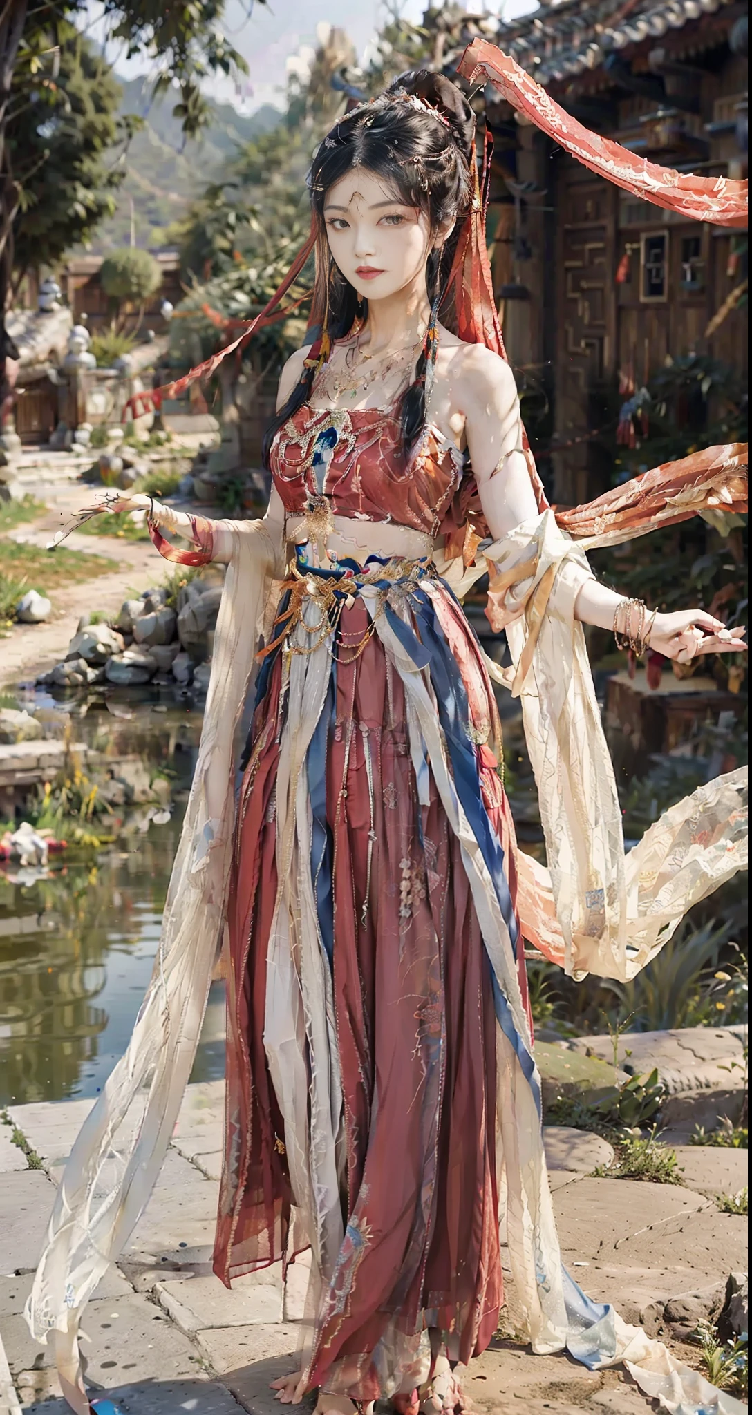 8k, fine detail, super high resolution, best quality, high definition, complex detail, large file size, amazing, SLR, extreme light and shadow, depth of field, caustics, wide angle, natural shadows, (85mm, f/1.4, ISO 200, 1/600:0.75), complex background, (complex detail: 1.12), HDR, (full body), ((Chinese palace background))), traditional Chinese ink painting, masterpiece, best quality, official art, extremely detailed CG Unity 8k wallpaper, 1 girl, solo, reality, makeup, high resolution, , full body, looking at the audience, smile, bangs,  shoulders, black hair, , collarbone, cross bangs, hair between eyes, hair accessories, headbands, hanfu, long hair,  shoulders, smile, red hanbok, belt, sky, striped ribbon, double tail, very long hair, (masterpiece: 1.4), (best quality: 1.4), ( complex background, HDR, intricate details