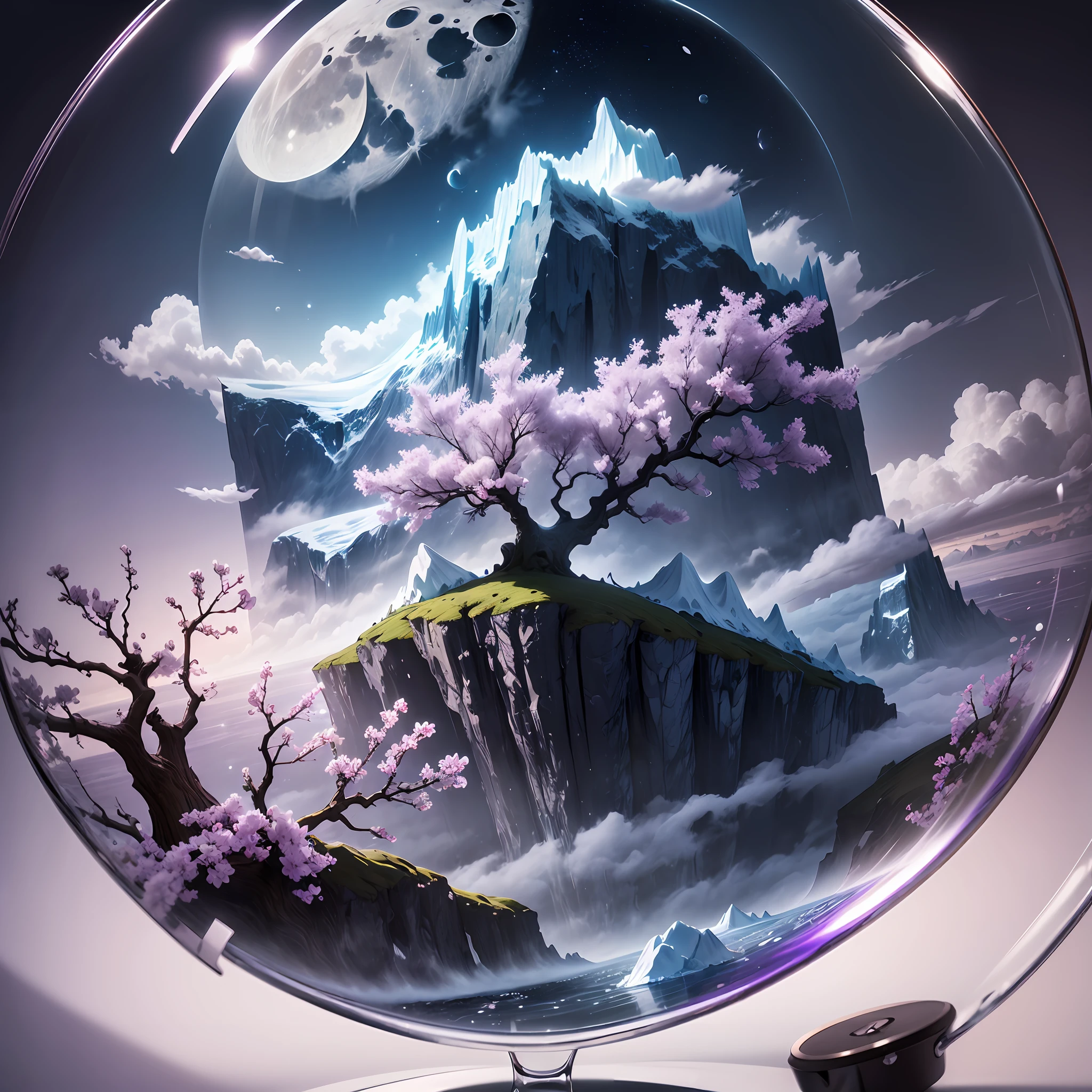 Computer, realistic fantasy, Extensive landscape ultrasound photography (general view showing a glass glass, inside a cloud, moon, fog, iceberg, branches of a blossoming apple tree), blurred background, gloomy, magic, lilac, purple