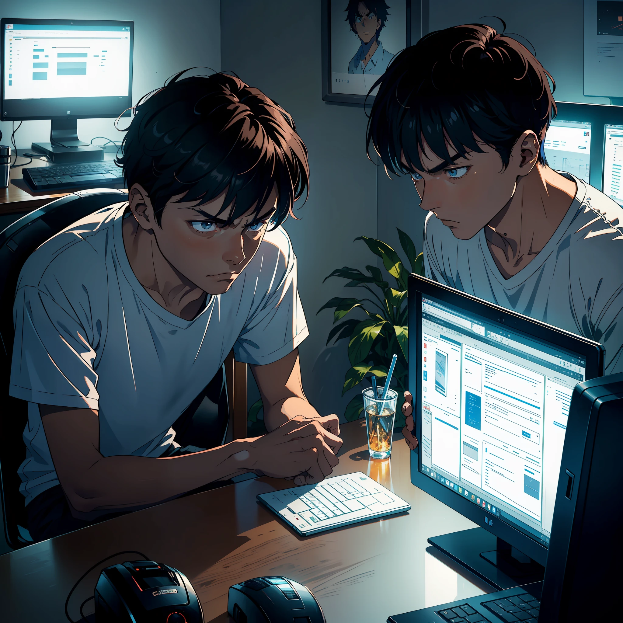A man, 20 years old, non-mainstream, sitting in front of a computer screen, looking at the computer screen, angry, in the room