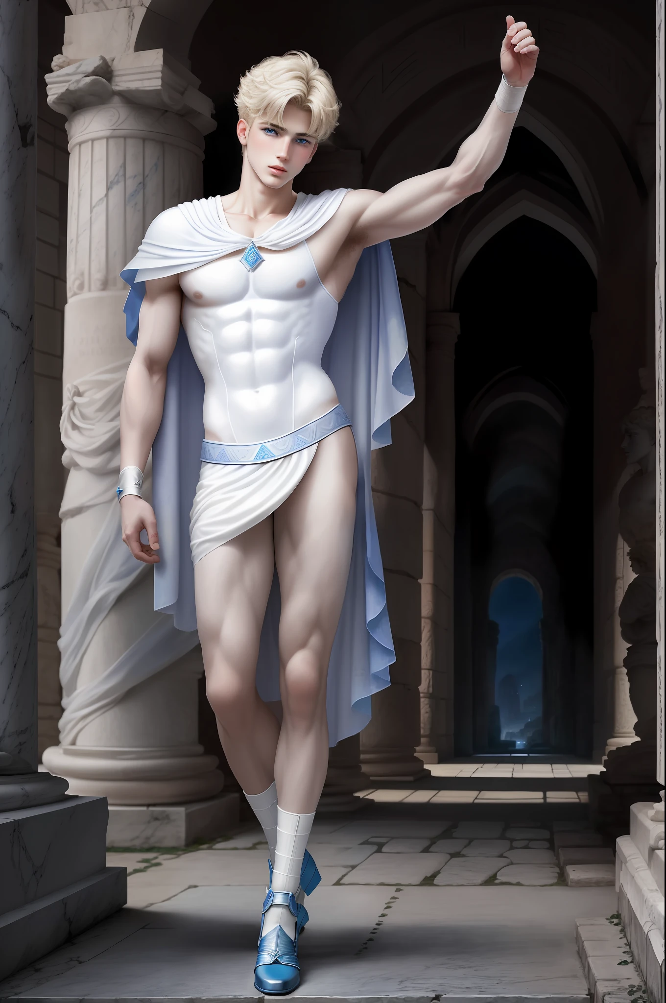 masterpiece, best quality, effeminate roman boy blond cutest in the world, blue eyes, around 16 to 20 years, super cute, dynamic pose, model, cool and seductive, dramatic lighting, sexy, white costume of ancient Rome