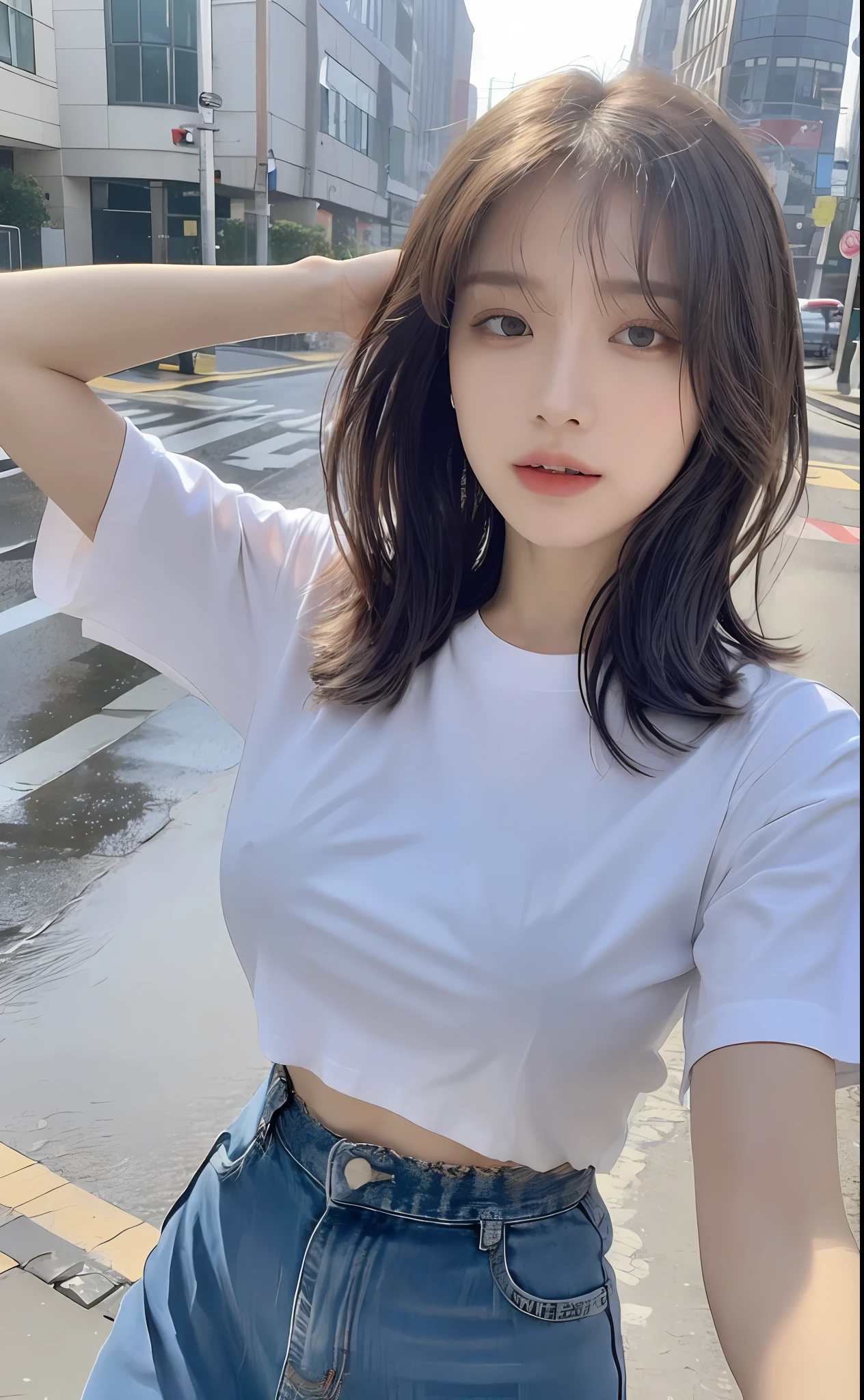 ((Best Quality, 8K, Masterpiece:1.3)), Focus: 1.2, Perfect Body Beauty: 1.4, Buttocks: 1.2, ((Layered Haircut, Beautiful Breasts: 1.2)), (Wet Clothes: 1.1) , (Rain, Street:1.3), Loose Clothes, (Crop Top T-shirt: 1.1), Crinkled skirt, highly detailed face and skin texture, Fine eyes, Double eyelids, whitened skin, messy hair: 1.2, Long hair, (Shut up: 1.3),