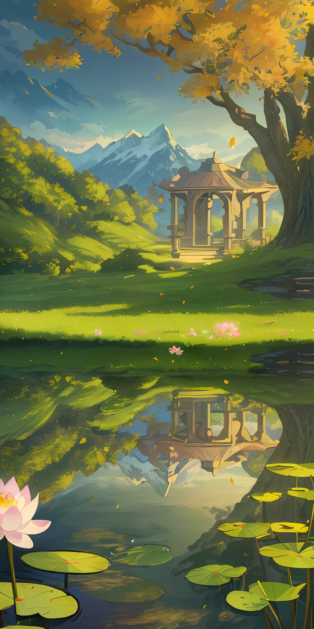 Masterpiece, best quality, (very detailed CG Unity 8k wallpaper) (best quality), (best illustration), (best shade) nature', lotus leaves, lotus flowers, gazebo, mountains, ancient towers, (medicine shop: 1.5), delicate leaves of various colors falling in air light tracking, super detailed --v6