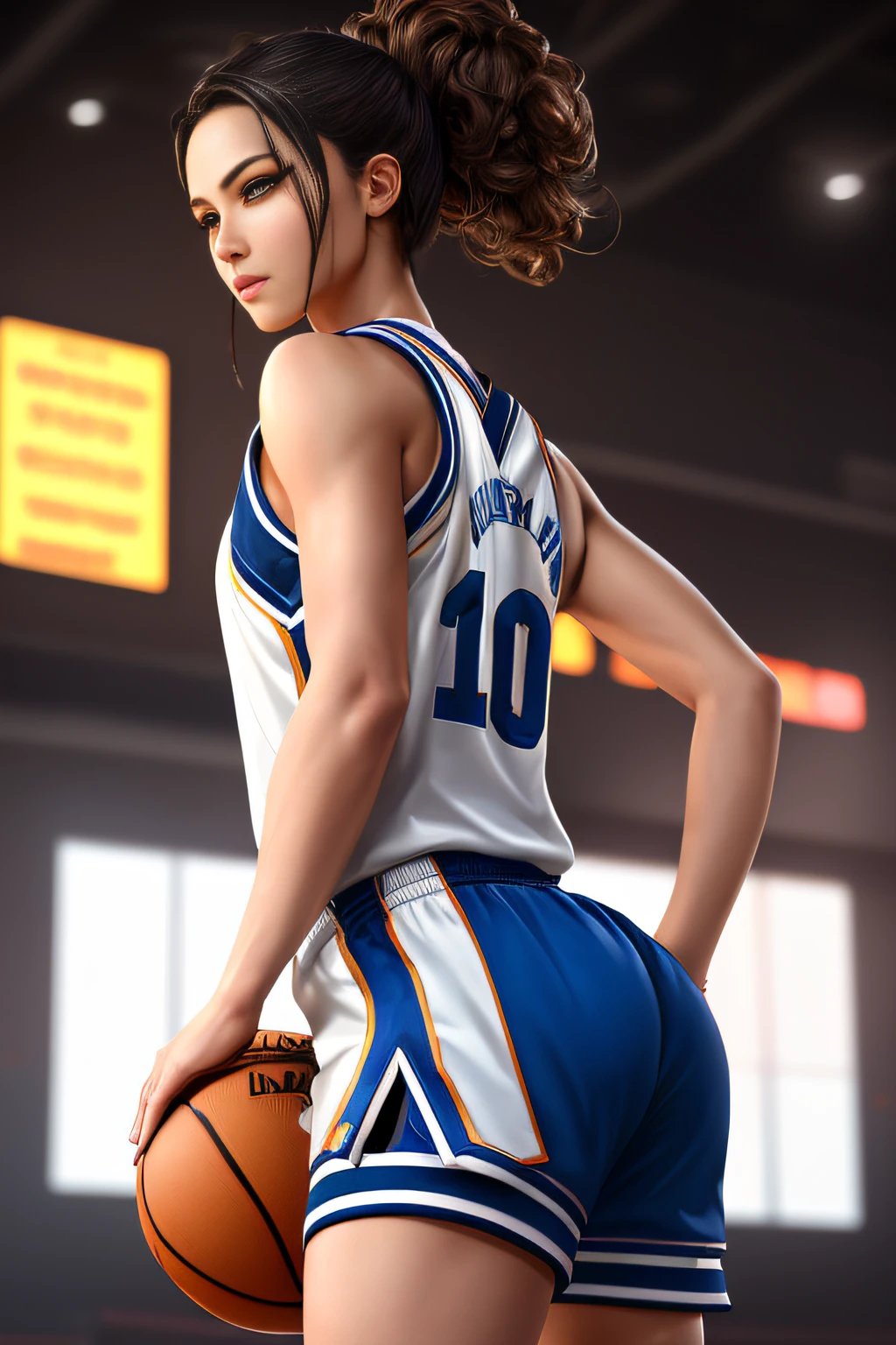 ((Masterpiece)), ((Best Quality)), (Ultra Detailed), (Very Detailed)), 4K, (8K), Best Quality, (Beautiful), Perfect Anatomy, Photo from Behind, Tempered Ass, Supermodel Portrait Photography, Solo, (Basketball Uniform), Meticulously Rendered Face, Beautiful Eyes, Feminine Physique, Goddess of Beauty, Unreal Engine, Octane Rendering, Gymnasium, Movie Lighting,