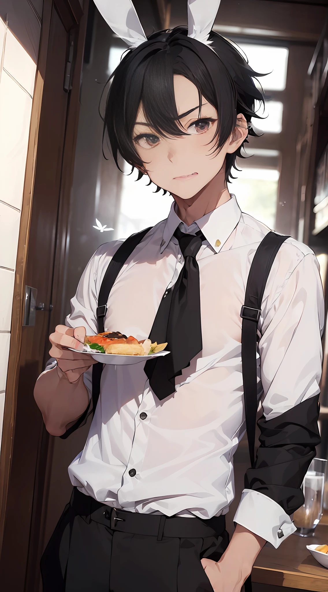 ((1 boy) full body (29 years old, black hair, handsome, spiked hair, fluttering bangs, sharp nose, facial muscles)) embarrassed, embarrassed, wearing a white tuxedo, carrying food (wearing rabbit ears)) (restaurant)