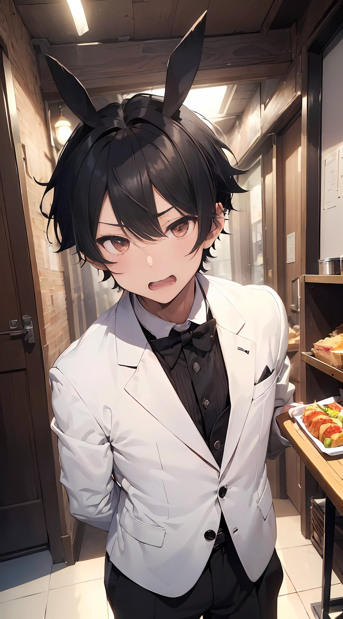 ((1 boy) full body (29 years old, black hair, handsome, spiked hair, fluttering bangs, sharp nose, facial muscles)) embarrassed, embarrassed, wearing a white tuxedo, carrying food (wearing rabbit ears)) (restaurant)