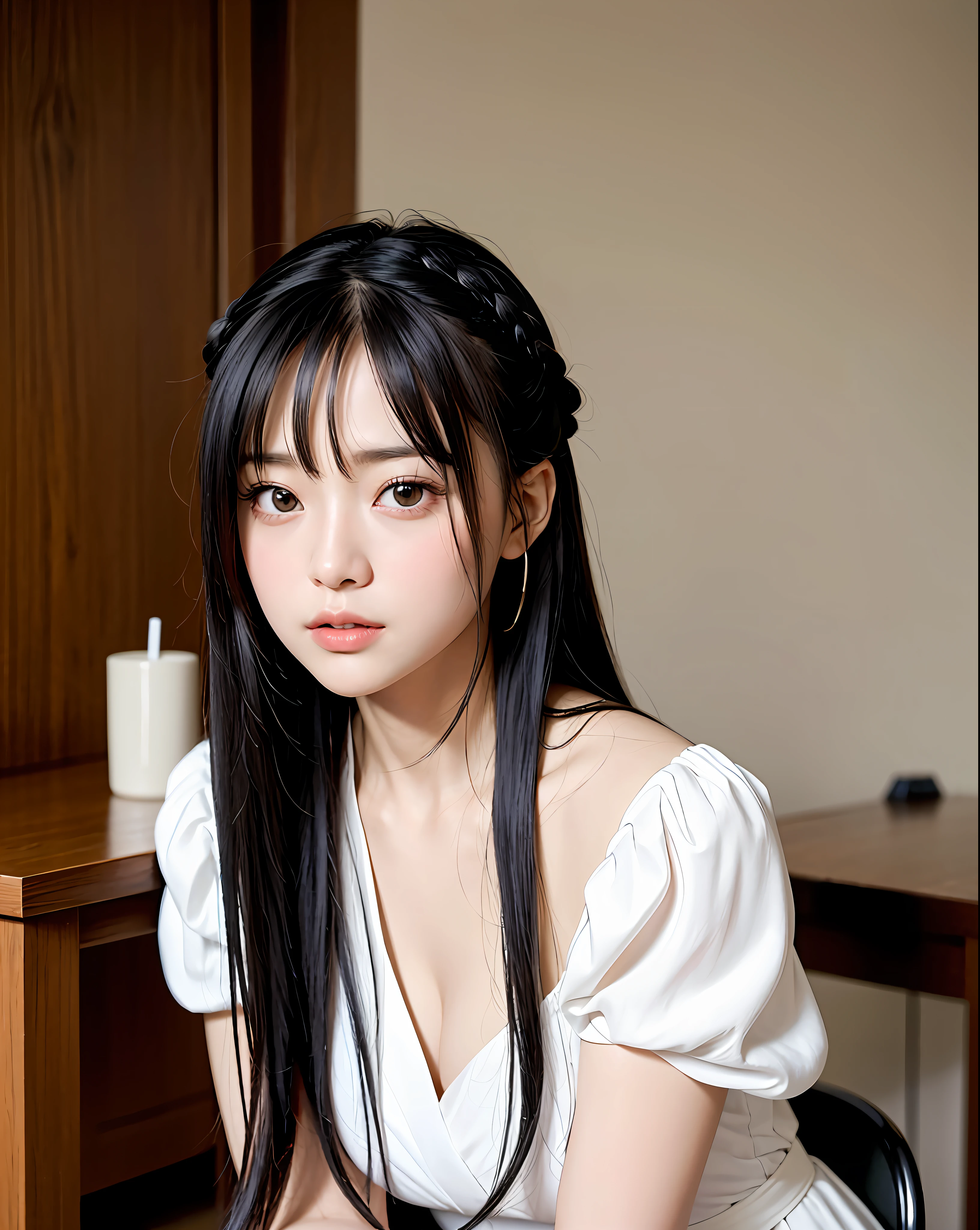 Masterpiece, best quality, detailed eyes, big eyes, swollen eyes, kind expression, facing front, realistic photo, realistic photo, double eyelids, Japanese girl, beautiful Asian girl, beautiful woman, 25 years old, long hair, black hair pulled back on head with white hair band, no bangs, white gown, from waist up angle, close-up, sitting in chair, drinks on table, night room, after bath, adult woman,