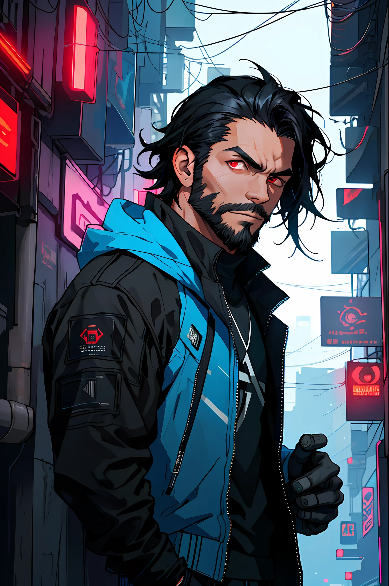 Draw a young man with black hair, cowboy beard and red eyes with his right hand on his chin, looking straight ahead in cyberpunk black costumes and blue neon details. The man looks confident and determined, he's in a futuristic city with dramatic lighting casting deep shadows on his clothing