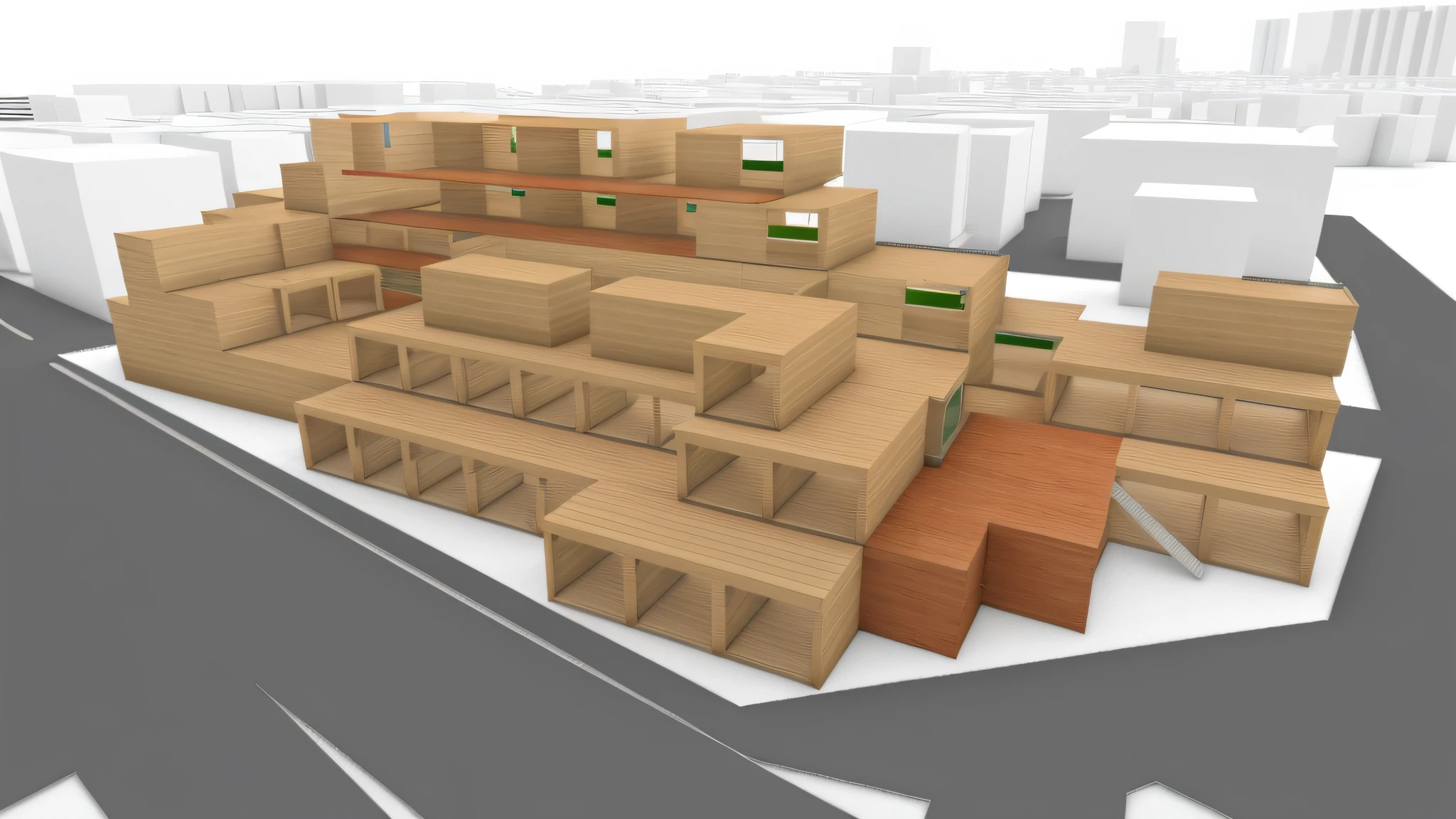 Render the architecture rendering of a wooden apartment complex on the ground floor with a garment shop with green flower beds and trees in 3/4 view with beautiful glass and beautiful glass walls with prominent exterior stairs. (3/4 view, 3D rendering, blue sky)