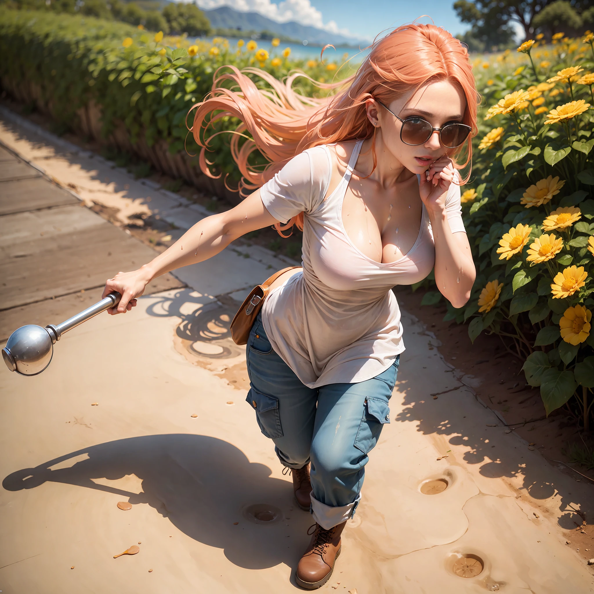 Crazy gardener in orange gardening costume. Chapel decpal round medium, BWW, sturdy ass leaning up. SHE pants a yellow flower, very realistic, real, Woman with red tranrelative sunglasses. Perfect and realistic hands. Footsteps shod oerfeito. Brown gardening boot. Clothes glued to the body, body tight on the clothes. A mild person. Scenario: day, hot, earth, grass, mangeira, faucet, valde, real, realistic, HD, iso, GaB: v2. Gorgeous sandy face, beautiful, Scandinavian redhead, white, with effects on pink cheek, mouth ((wet pink, moist.)) Real, sharp, thin focus, dirital HD, realistic. V3. 1.5. Slightly plummeted breast gelatin movement. Dynamic, focused. Open angle. Focus from top to bottom. Crisp body. Linen clothing