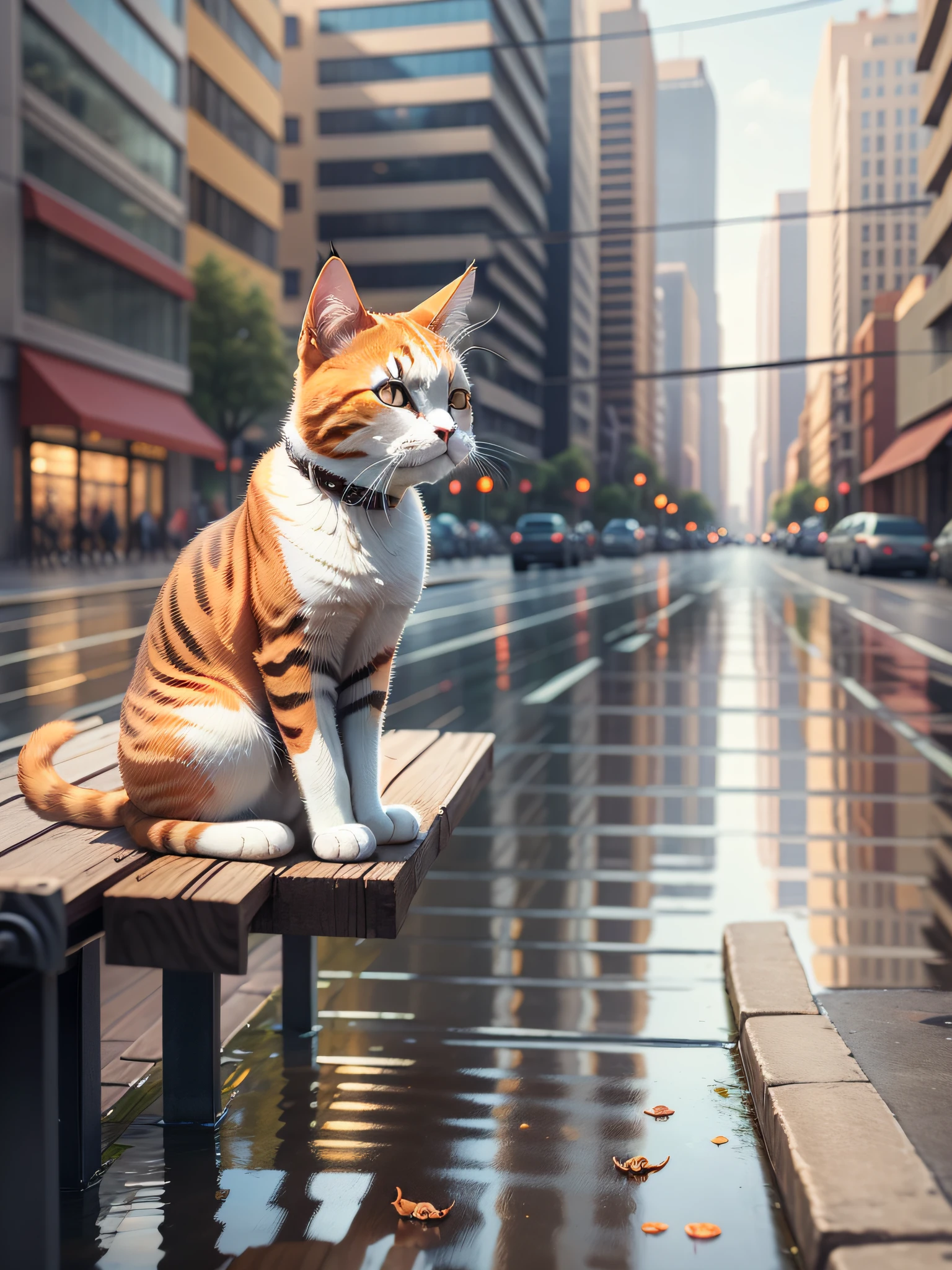 there is a cat sitting on a wooden bench in the city, sad cat, beautiful mutt picture, photo of a cat, ginger cat, cat on the table, the cat is walking, angry cat, an antro cat, cute furry needs your help, shutterstock, orange cat, white cat, an orange cat, a cute cat, pet,  cute cat, Social realism, Realism, ray tracing, reflection light, high quality, high details, super detail, 8k, 16k, best quality --auto --s2