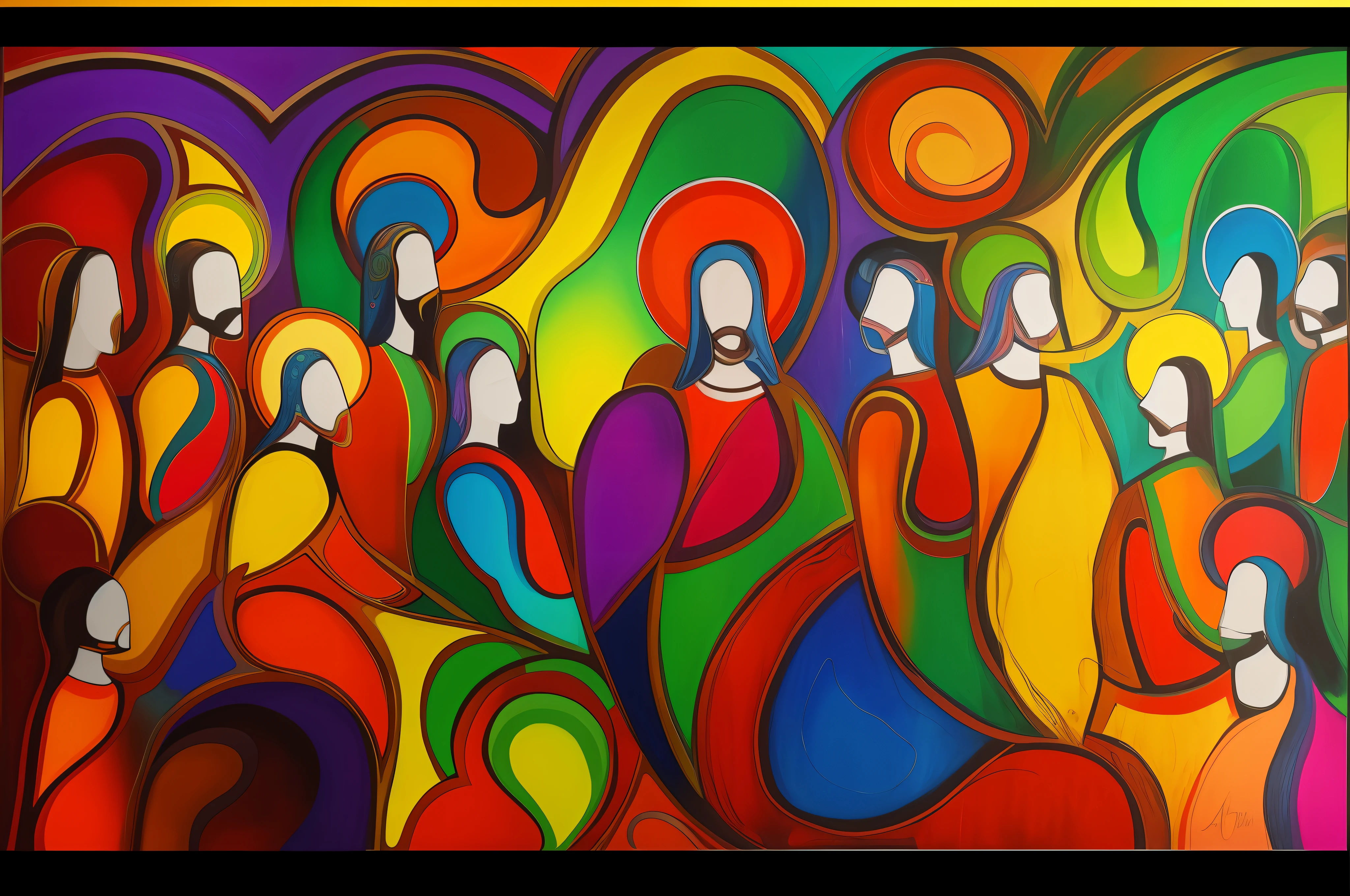 painting of a group of people with colorful colors, religious painting, catholic religious art, christian art, the last supper painting, last supper composition, biblical art style, my rendition, colourful artwork, spiritual abstract forms, prophetic art, brightly coloured oil on canvas, colourful, acrylic on canvas, by Meredith Dillman, spiritual art, added detail, colorfull painting --auto --s2