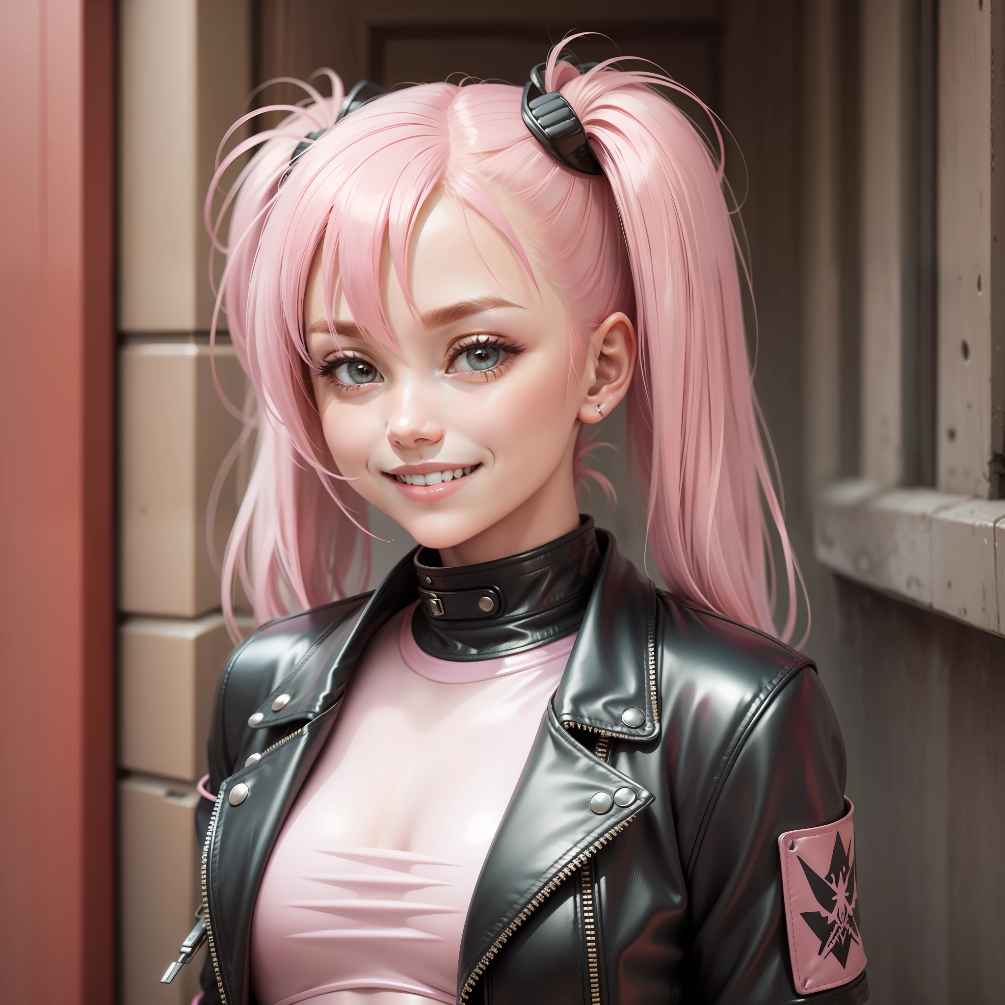 Bodysuit Leather Jacket Girl Pink Hair Twin Tails Top Quality Masterpiece Smile