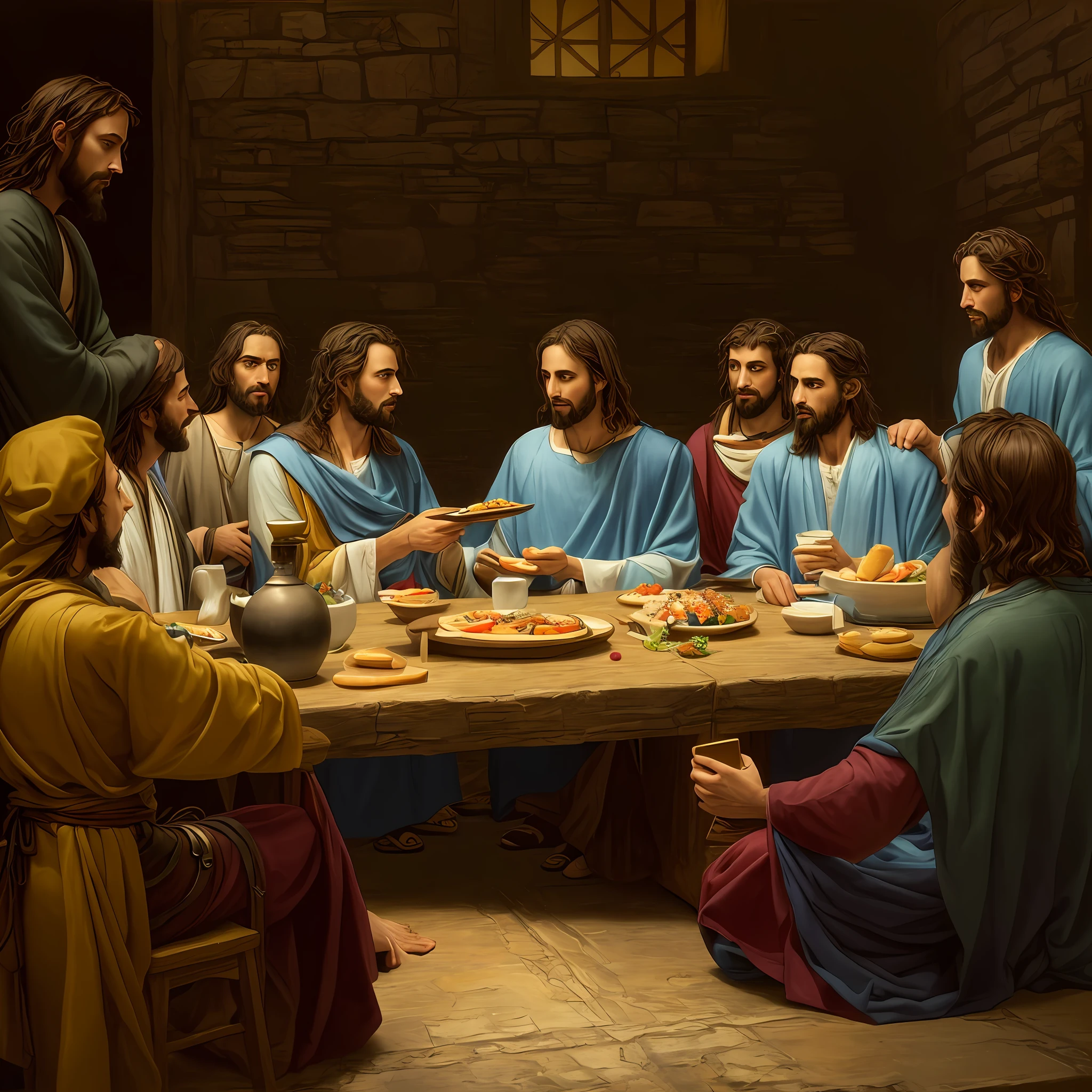 arafed image of a group of people sitting around a table with food, last supper composition, the last supper, last supper, called 'the last supper', the last supper painting, greg olsen, !!posing_as_last_supper, last supper realistic robot, robed figures sat around a table, christian art, bible illustration, dnd last supper --auto --s2
