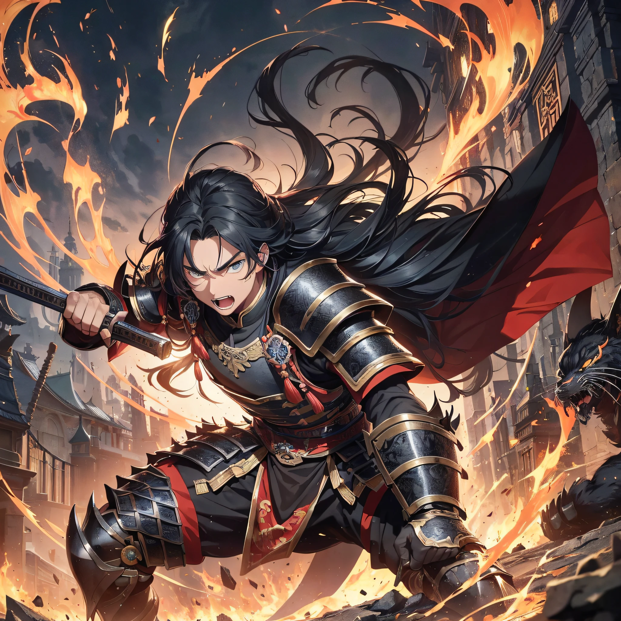 Absurd resolution, high resolution, (masterpiece: 1.4), hyper-detailed, ancient Chinese, black long-haired young man (1.3), roar (1.2), cry (1.2), armored samurai in black armor, wielding swords, blood, fighting, standing on ancient city walls (1.3), dusk, fire
